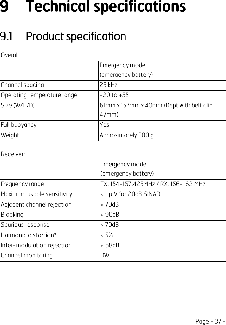 Page - 37 -9 Technical specifications9.1 Product specificationOverall:Emergency mode(emergency battery)Channel spacing 25 kHzOperating temperature range -20 to +55Size (W/H/D) 61mm x 157mm x 40mm (Dept with belt clip47mm)Full buoyancy YesWeight Approximately 300 gReceiver:Emergency mode(emergency battery)Frequency range TX: 154-157.425MHz / RX: 156-162 MHzMaximum usable sensitivity &lt; 1 µV for 20dB SINADAdjacent channel rejection &gt; 70dBBlocking &gt; 90dBSpurious response &gt; 70dBHarmonic distortion* &lt; 5%Inter-modulation rejection &gt; 68dBChannel monitoring DW