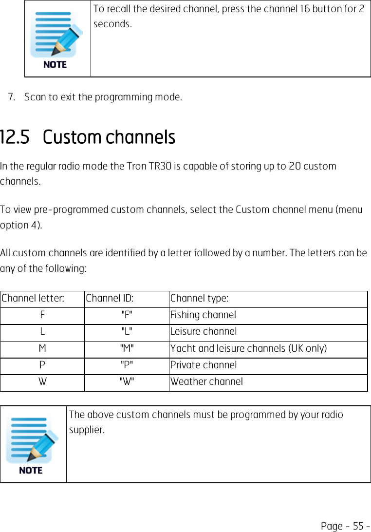 Page - 55 -To recall the desired channel, press the channel 16 button for 2seconds.7. Scan to exit the programming mode.12.5 Custom channelsIn the regular radio mode the Tron TR30 is capable of storing up to 20 customchannels.To view pre-programmed custom channels, select the Custom channel menu (menuoption 4).All custom channels are identified by a letter followed by a number. The letters can beany of the following:Channel letter: Channel ID: Channel type:F &quot;F&quot; Fishing channelL &quot;L&quot; Leisure channelM &quot;M&quot; Yacht and leisure channels (UK only)P &quot;P&quot; Private channelW &quot;W&quot; Weather channelThe above custom channels must be programmed by your radiosupplier.