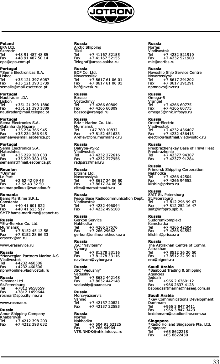 PolandEPA Ltd.SzczecinTel        +48 91 487 48 85Fax       +48 91 487 50 14epa@epa.com.plPortugal*Sema Electronicas S.A.LisboaTel        +35 121 397 6087Fax       +35 121 390 3739semalis@mail.esoterica.ptPortugalNautiradar LDALisbonTel        +351 21 393 1880Fax       +351 21 393 1889nautiradar@mail.telepac.ptPortugalSema Electronics S.A.Gafanha da NazareTel        +35 234 366 945Fax       +35 234 366 945semaave@mail.esoterica.ptPortugalSema Electronics S.A.MatosinhosTel        +35 229 380 033Fax       +35 229 380 150semamat@mail.esoterica.ptReunion*UnimarLe PortTel        +2 62 42 09 45Fax       +2 62 43 32 50unimar.pelloux@wanadoo.frRomaniaBams Maritime S.R.L.ConstantaTel        +40 41 601 822Fax       +40 41 613 517SMTP.bams.maritime@seanet.roRussia*Era-Service Co. Ltd.MurmanskTel        +7 8152 45 13 58Fax       +7 8152 28 66 33eraserv@an.ruwww.eraservice.ruRussia*Norwegian Partners Marine A.SVladivostokTel        +4232 460506Fax       +4232 460506npm@online.vladivostok.ruRussia*Rosmar Ltd.St.PetersburgTel        +7812 9658559Fax       +7812 1459644rosmar@spb.cityline.ruwww.rosmar.ruRussiaAmur Shipping CompanyKhabarovskTel        +7 4212 398 203Fax       +7 4212 398 632RussiaArctic ShippingTiksiTel        +7 41167 52155Fax       +7 41167 52155Telegraf@arsco.sakha.ruRussiaBOF Co. Ltd.NovorossiiskTel        +7 8617 61 06 01Fax       +7 8617 61 06 01bof@nvrsk.ruRussiaBosscoVostochnyyTel        +7 4266 60809Fax       +7 4266 60809bossco@vrangel.ruRussiaBriz - Marine Co. Ltd.MurmanskTel        +47 789 10832Fax       +7 8152 451633Arefiev@bm.murmansk.ruRussiaDalryba-PSRZVladivostokTel        +7 4232 272616Fax       +7 4232 277956radpsrz@mail.ruRussiaEltrans Ltd.NovorossiyskTel        +7 8617 24 06 50Fax       +7 8617 24 06 50eltrs@marsat-south.ruRussiaFesco Base Radiocommunication Dept.VladivostokTel        +7 4232 496044Fax       +7 4232 496108RussiaGerkon ServiceNakhodkaTel        +7 4266 57576Fax       +7 266 29662gerkon@online.nakhodka.ruRussiaJSC &quot;Naviteam&quot;VyborgTel        +7 81278 33116Fax       +7 81278 33116naviteam@vyborg.ruRussiaJSC &quot;Vedushiy&quot;VedushiyTel        +7 8632 442148Fax       +7 8632 442148vedushiy@aaanet.ruRussiaMorsvyazservisVaninoTel        +7 42137 20821Fax       +7 42137 22585RussiaNorfesNakhodkaTel        +7 504 91 52125Fax       +7 266 44964VTS.NHDK@nhk.infosys.ruRussiaNorfesVladivostokTel        +7 4232 521910Fax       +7 4232 521900mic@norfes.ruRussiaNovoship Ship Service CentreNovorossiyskTel        +7 8617 291202Fax       +7 8617 291291npmnovo@nvr.ruRussiaOmega-5VrangelTel        +7 4266 60775Fax       +7 4266 60775omega5@nhk.infosys.ruRussiaOrient-ElectricVladivostokTel        +7 4232 436407Fax       +7 4232 436413electric@fastmail.vladivostok.ruRussiaPreobrazhenskay Base of Trawl FleetPreobrazhenieTel        +7 42377 94307Fax       +7 42377 91284RussiaPrimorsk Shipping CorporationNakhodkaTel        +7 4266 42504Fax       +7 4266 94552klishin@prisco.ruRussiaSAIT St. PetersburgSt.PetersburgTel        +7 812 296 99 67Fax       +7 812 252 16 47sait@infopro.spb.ruRussiaSudoremkomplektKamchatkaTel        +7 4266 42504Fax       +7 4266 94552klishin@prisco.ruRussiaThe Astrakhan Centre of Comm.AstrakhanTel        +7 8512 26 20 50Fax       +7 8512 22 99 41era@bignet.ruSaudi Arabia*Baaboud Trading &amp; ShippingAgenciesJeddahTel        +966 2 6360112Fax       +966 2637 4128baboudsaftmarine@naseej.com.saSaudi Arabia*Key Communications DevelopmentDammamTel        +966 3 847 3411Fax       +966 3 847 3423kcddamam@saudionline.com.saSingapore*Radio Holland Singapore Pte. Ltd.SingaporeTel        +65 8622218Fax       +65 862243033