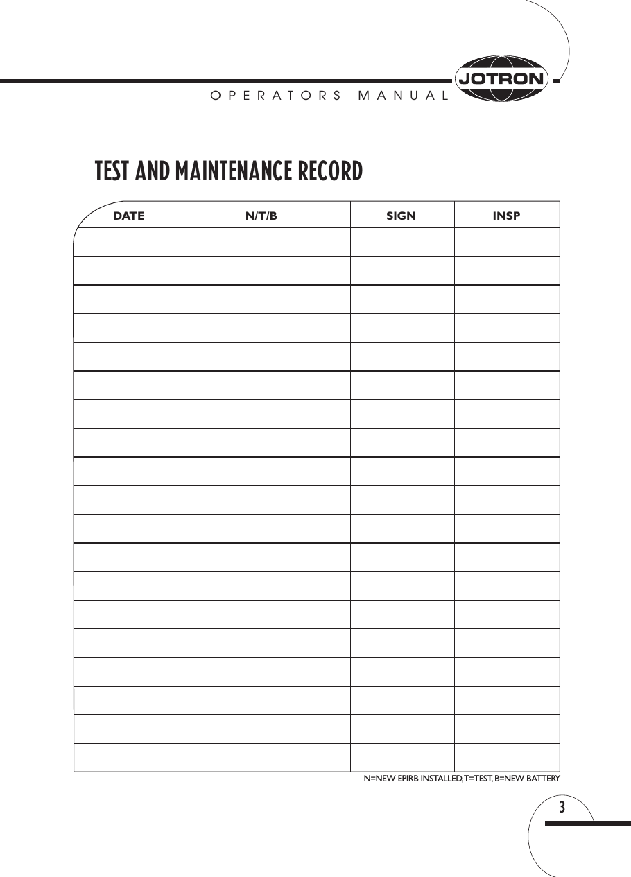 OPERATORS MANUAL3DATE N/T/B SIGN INSPN=NEW EPIRB INSTALLED,T=TEST, B=NEW BATTERYTEST AND MAINTENANCE RECORD