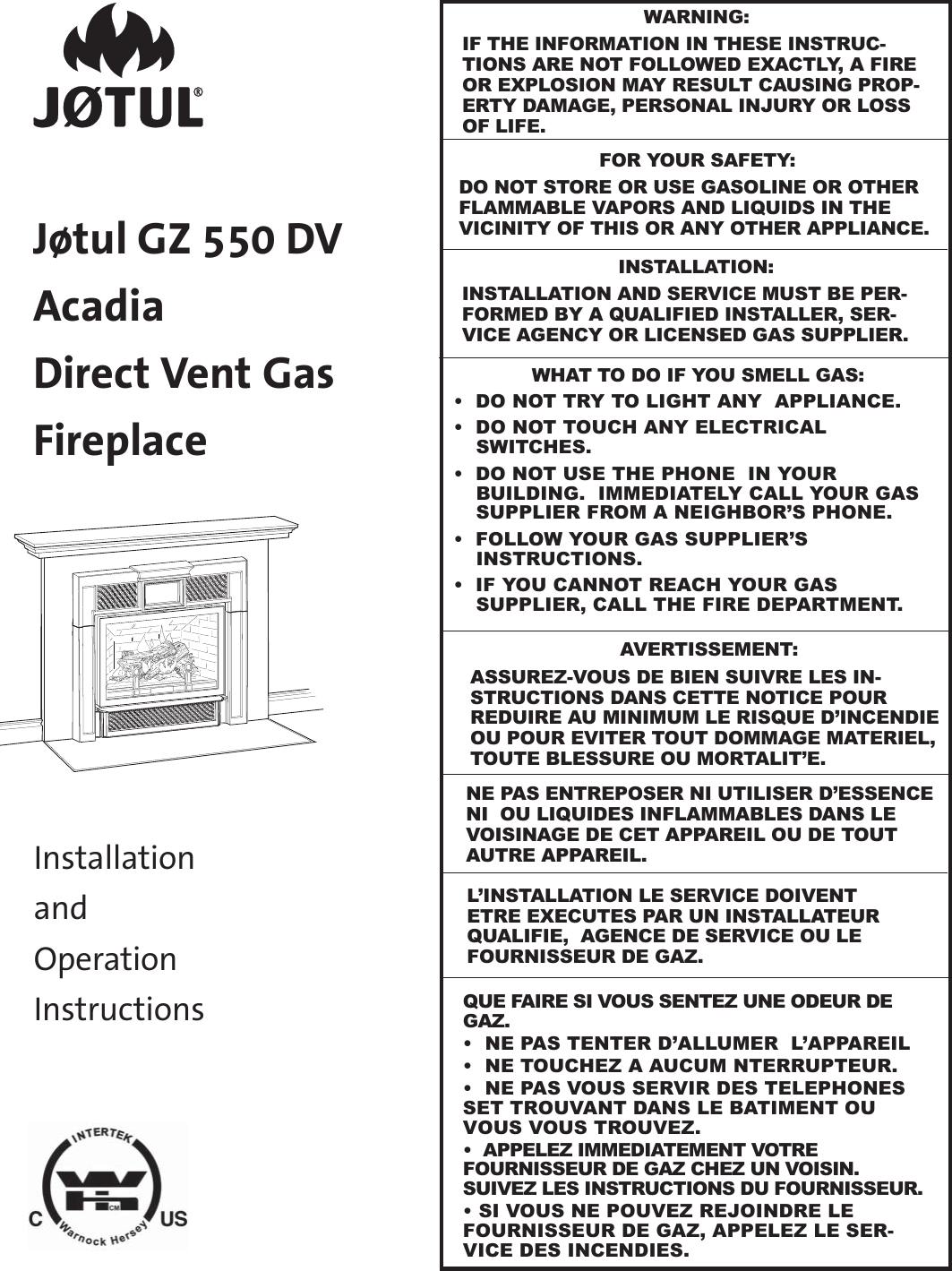 Jotul Direct Vent Gas Fireplace Gz550S Users Manual 129787 D GZ 550 Acadia Manual.pmd