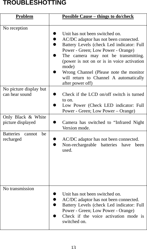 13 TROUBLESHOTTING  Problem  Possible Cause – things to do/check No reception   z Unit has not been switched on. z AC/DC adaptor has not been connected. z Battery Levels (check Led indicator: Full Power - Green; Low Power - Orange) z The camera may not be transmitting. (power is not on or is in voice activation mode) z Wrong Channel (Please note the monitor will return to Channel A automatically after power off) No picture display but can hear sound   z Check if the LCD on/off switch is turned to on. z Low Power (Check LED indicator: Full Power - Green; Low Power – Orange) Only Black &amp; White picture displayed   z Camera has switched to “Infrared Night Version mode. Batteries cannot be recharged   z AC/DC adaptor has not been connected. z Non-rechargeable batteries have been used. No transmission   z Unit has not been switched on. z AC/DC adaptor has not been connected. z Battery Levels (check Led indicator: Full Power - Green; Low Power - Orange) z Check if the voice activation mode is switched on.  