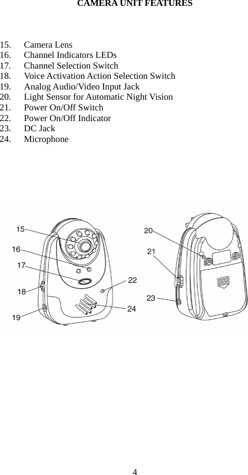 4 CAMERA UNIT FEATURES    15. Camera Lens 16. Channel Indicators LEDs 17. Channel Selection Switch 18. Voice Activation Action Selection Switch   19. Analog Audio/Video Input Jack   20. Light Sensor for Automatic Night Vision 21. Power On/Off Switch 22. Power On/Off Indicator 23. DC Jack 24. Microphone         