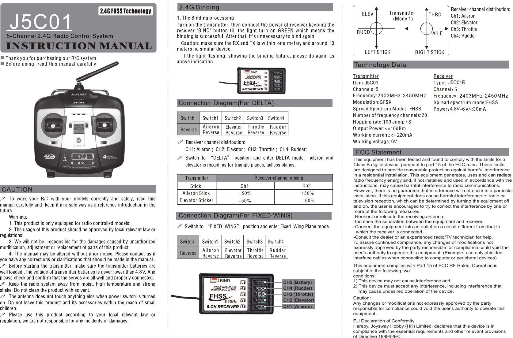 4.8CH1 (Aileron)CH2 (Elevator)CH3 (Throttle)CH4 (Rudder)CH5 (Battery)J5C015J5C0152206VJ5C01R54.8VFCC StatementThis equipment has been tested and found to comply with the limits for a Class B digital device, pursuant to part 15 of the FCC rules. These limits are designed to provide reasonable protection against harmful interferencein a residential installation. This equipment generates, uses and can radiate radio frequency energy and, if not installed and used in accordance with the instructions, may cause harmful interference to radio communications. However, there is no guarantee that interference will not occur in a particular installation. If this equipment does cause harmful interference to radio or television reception, which can be determined by turning the equipment offand on, the user is encouraged to try to correct the interference by one or more of the following measures:-Reorient or relocate the receiving antenna.-Increase the separation between the equipment and receiver.-Connect the equipment into an outlet on a circuit different from that to   which the receiver is connected.-Consult the dealer or an experienced radio/TV technician for help.To assure continued compliance, any changes or modifications not expressly approved by the party responsible for compliance could void the user’s authority to operate this equipment. (Example- use only shielded interface cables when connecting to computer or peripheral devices).This equipment complies with Part 15 of FCC RF Rules. Operation is subject to the following twoconditions:1) This device may not cause interference and2) This device must accept any interference, including interference that     may cause undesired operation of the device.Caution: Any changes or modifications not expressly approved by the party responsible for compliance could void the user&apos;s authority to operate this equipment.EU Declaration of ConformityHereby, Joysway Hobby (HK) Limited, declares that this device is in compliance with the essential requirements and other relevant provisions of Directive 1999/5/EC.