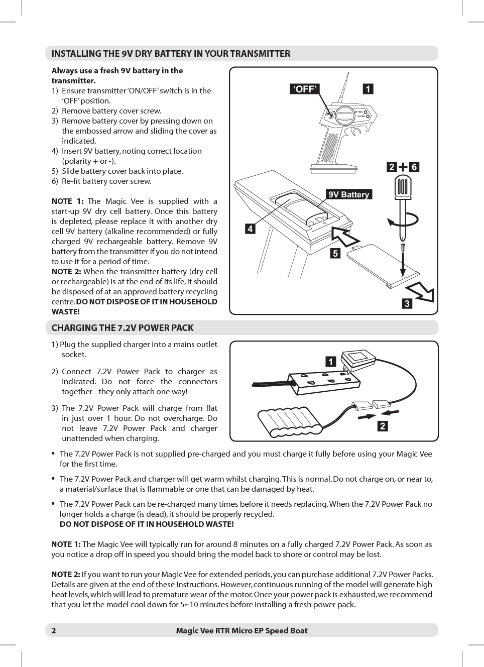 2 Magic Vee RTR Micro EP Speed BoatINSTALLING THE 9V DRY BATTERY IN YOUR TRANSMITTERAlways use a fresh 9V battery in the transmitter.1) Ensure transmitter ‘ON/OFF’ switch is in the ‘OFF’ position.2) Remove battery cover screw.3) Remove battery cover by pressing down on the embossed arrow and sliding the cover as indicated.4) Insert 9V battery, noting correct location (polarity + or -).5) Slide battery cover back into place.6) Re-ﬁt battery cover screw.NOTE 1: The Magic Vee is supplied with a start-up 9V dry cell battery. Once this battery is depleted, please replace it with another dry cell 9V battery (alkaline recommended) or fully charged 9V rechargeable battery. Remove 9V battery from the transmitter if you do not intend to use it for a period of time.NOTE 2: When the transmitter battery (dry cell or rechargeable) is at the end of its life, it should be disposed of at an approved battery recycling centre. DO NOT DISPOSE OF IT IN HOUSEHOLDWASTE!CHARGING THE 7.2V POWER PACK1) Plug the supplied charger into a mains outlet socket.2) Connect 7.2V Power Pack to charger as indicated. Do not force the connectors together - they only attach one way!3) The 7.2V Power Pack will charge from ﬂat in just over 1 hour. Do not overcharge. Do not leave 7.2V Power Pack and charger unattended when charging.•The 7.2V Power Pack is not supplied pre-charged and you must charge it fully before using your Magic Vee for the ﬁrst time.•The 7.2V Power Pack and charger will get warm whilst charging. This is normal. Do not charge on, or near to, a material/surface that is flammable or one that can be damaged by heat.•The 7.2V Power Pack can be re-charged many times before it needs replacing. When the 7.2V Power Pack no longer holds a charge (is dead), it should be properly recycled.DO NOT DISPOSE OF IT IN HOUSEHOLD WASTE!NOTE 1: The Magic Vee will typically run for around 8 minutes on a fully charged 7.2V Power Pack. As soon as you notice a drop off in speed you should bring the model back to shore or control may be lost.NOTE 2: If you want to run your Magic Vee for extended periods, you can purchase additional 7.2V Power Packs. Details are given at the end of these Instructions. However, continuous running of the model will generate high heat levels, which will lead to premature wear of the motor. Once your power pack is exhausted, we recommend that you let the model cool down for 5~10 minutes before installing a fresh power pack.121‘OFF’2 69V Battery435