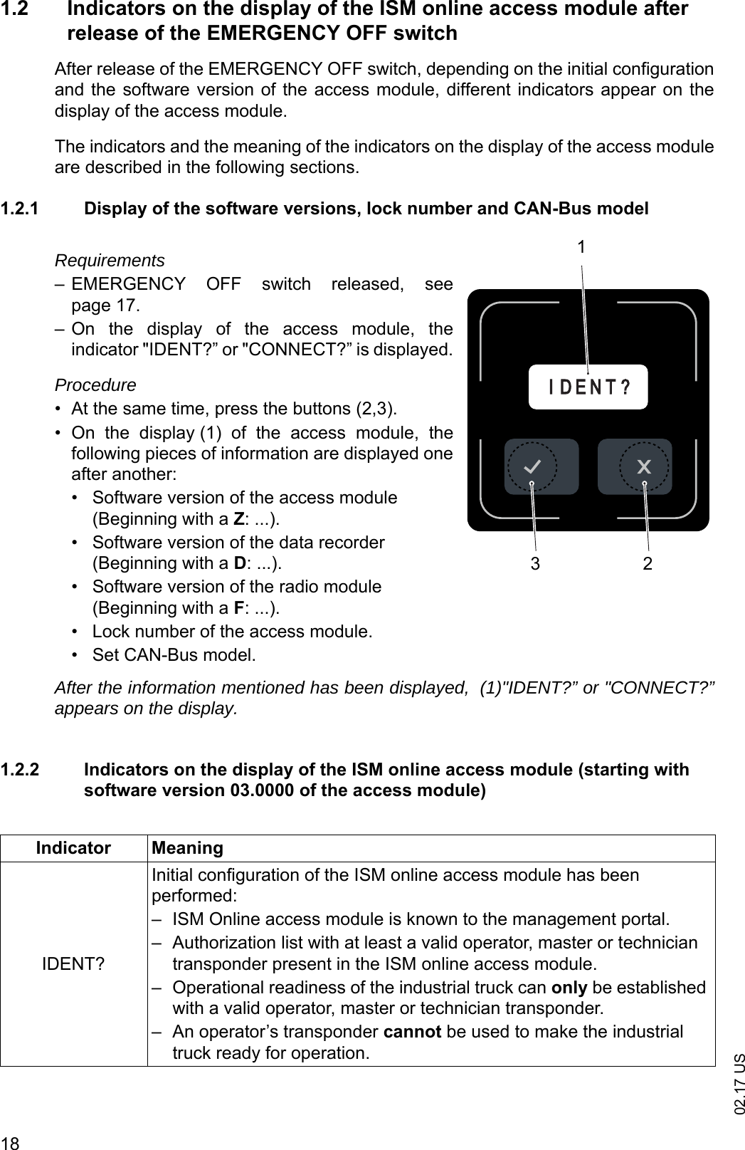 02.17 US181.2 Indicators on the display of the ISM online access module after release of the EMERGENCY OFF switchAfter release of the EMERGENCY OFF switch, depending on the initial configurationand the software version of the access module, different indicators appear on thedisplay of the access module.The indicators and the meaning of the indicators on the display of the access moduleare described in the following sections.1.2.1 Display of the software versions, lock number and CAN-Bus modelRequirements&ndash; EMERGENCY  OFF  switch  released,  seepage 17.&ndash; On  the  display  of  the  access  module,  theindicator "IDENT?&rdquo; or "CONNECT?&rdquo; is displayed.Procedure&bull; At the same time, press the buttons (2,3).&bull; On  the  display (1)  of  the  access  module,  thefollowing pieces of information are displayed oneafter another:&bull; Software version of the access module(Beginning with a Z: ...).&bull; Software version of the data recorder(Beginning with a D: ...).&bull; Software version of the radio module(Beginning with a F: ...).&bull; Lock number of the access module.&bull; Set CAN-Bus model.After the information mentioned has been displayed,  (1)"IDENT?&rdquo; or "CONNECT?&rdquo;appears on the display.1.2.2 Indicators on the display of the ISM online access module (starting with software version 03.0000 of the access module)I D E N T ?321Indicator MeaningIDENT?Initial configuration of the ISM online access module has been performed:&ndash; ISM Online access module is known to the management portal.&ndash; Authorization list with at least a valid operator, master or technician transponder present in the ISM online access module.&ndash; Operational readiness of the industrial truck can only be established with a valid operator, master or technician transponder.&ndash; An operator&rsquo;s transponder cannot be used to make the industrial truck ready for operation.