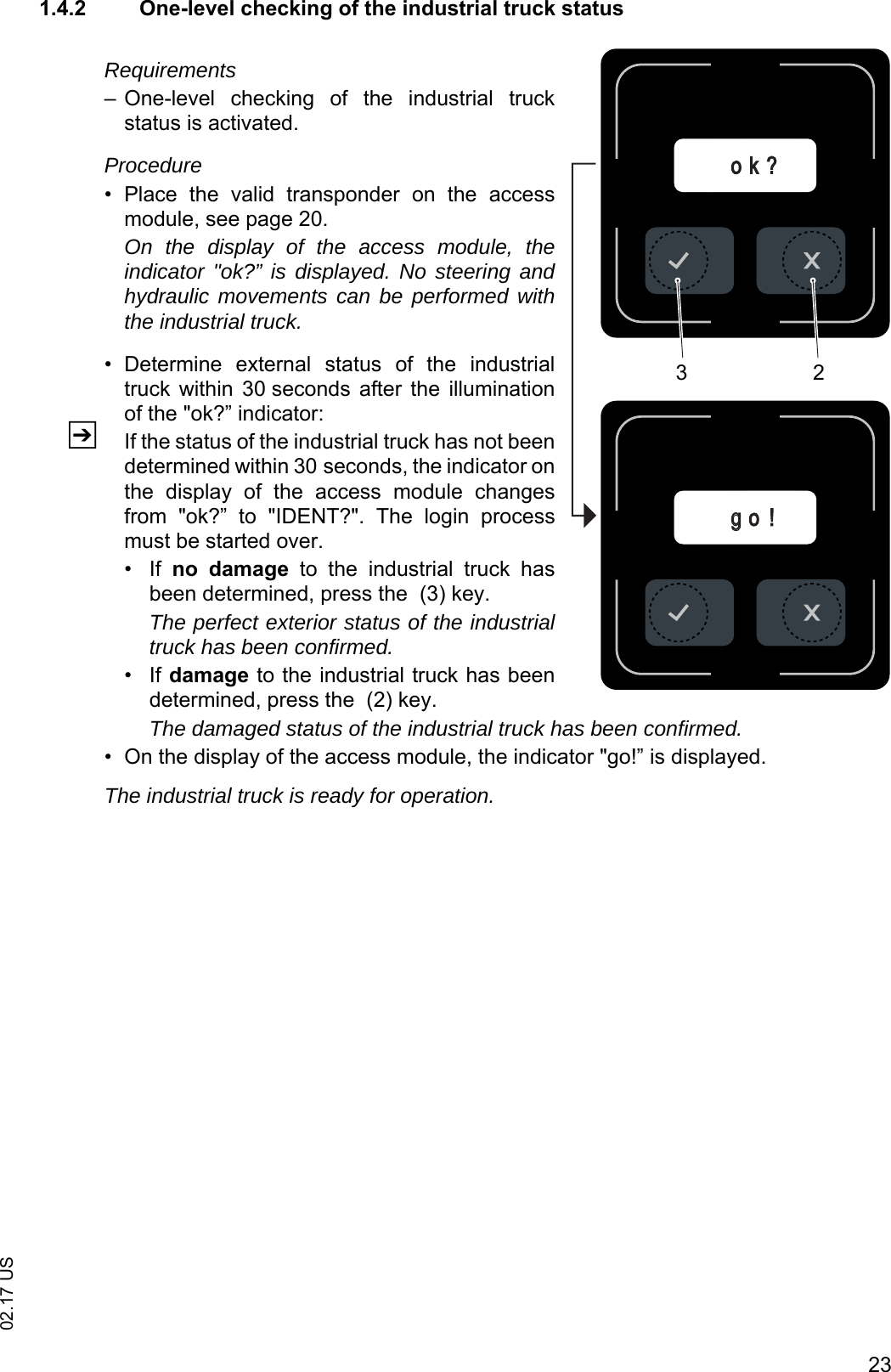 2302.17 US1.4.2 One-level checking of the industrial truck statusRequirements&ndash; One-level  checking  of  the  industrial  truckstatus is activated.Procedure&bull; Place  the  valid  transponder  on  the  accessmodule, see page 20. On the display of the access module, theindicator "ok?&rdquo; is displayed. No steering andhydraulic movements can be performed withthe industrial truck.&bull; Determine  external  status  of  the  industrialtruck  within  30 seconds  after  the  illuminationof the "ok?&rdquo; indicator:ZIf the status of the industrial truck has not beendetermined within 30 seconds, the indicator onthe  display  of  the  access  module  changesfrom  "ok?&rdquo;  to  "IDENT?".  The  login  processmust be started over.&bull;If no  damage  to  the  industrial  truck  hasbeen determined, press the  (3) key. The perfect exterior status of the industrialtruck has been confirmed.&bull;If damage to the industrial truck has beendetermined, press the  (2) key.The damaged status of the industrial truck has been confirmed.&bull; On the display of the access module, the indicator "go!&rdquo; is displayed.The industrial truck is ready for operation.ggo !o k ?32