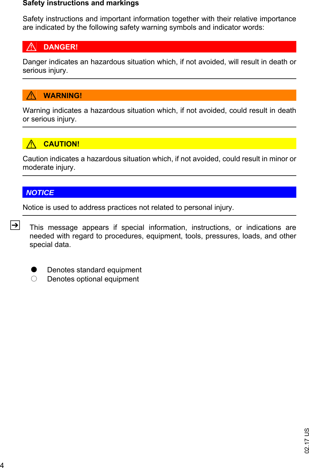 02.17 US4Safety instructions and markingsSafety instructions and important information together with their relative importanceare indicated by the following safety warning symbols and indicator words:DANGER!Danger indicates an hazardous situation which, if not avoided, will result in death orserious injury.WARNING!Warning indicates a hazardous situation which, if not avoided, could result in deathor serious injury.CAUTION!Caution indicates a hazardous situation which, if not avoided, could result in minor ormoderate injury.NOTICENotice is used to address practices not related to personal injury.ZThis  message  appears  if  special  information,  instructions,  or  indications  areneeded with regard to procedures, equipment, tools, pressures, loads, and otherspecial data.tDenotes standard equipmentoDenotes optional equipment