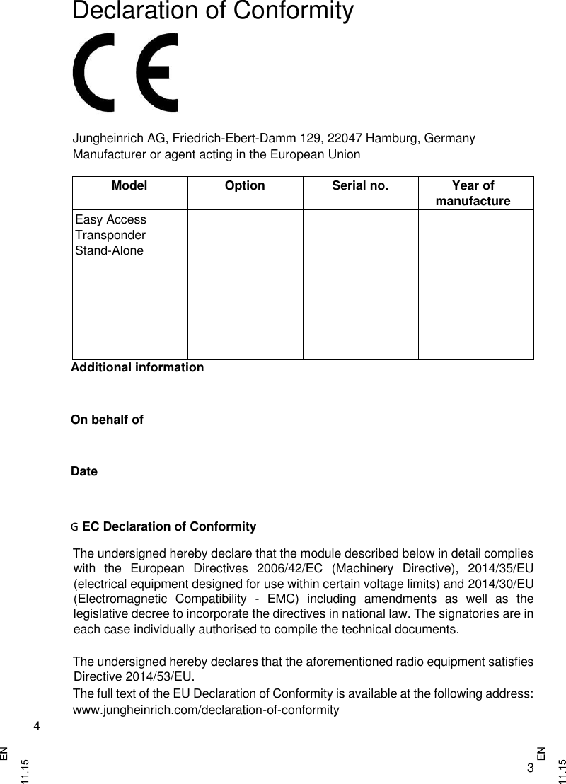 Page 3 of Jungheinrich MFRC523SA Display Mini-EA Stand Alone User Manual 