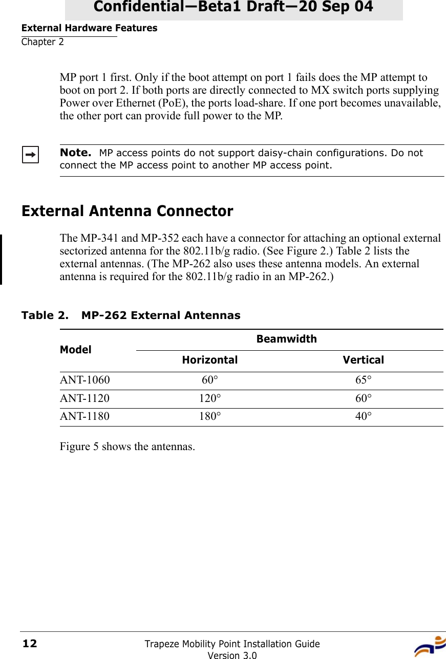 External Hardware FeaturesChapter 2Trapeze Mobility Point Installation GuideVersion 3.012Confidential—Beta1 Draft—Confidential—Beta1 Draft—20 Sep 04MP port 1 first. Only if the boot attempt on port 1 fails does the MP attempt to boot on port 2. If both ports are directly connected to MX switch ports supplying Power over Ethernet (PoE), the ports load-share. If one port becomes unavailable, the other port can provide full power to the MP. External Antenna ConnectorThe MP-341 and MP-352 each have a connector for attaching an optional external sectorized antenna for the 802.11b/g radio. (See Figure 2.) Table 2 lists the external antennas. (The MP-262 also uses these antenna models. An external antenna is required for the 802.11b/g radio in an MP-262.)Figure 5 shows the antennas. Note.  MP access points do not support daisy-chain configurations. Do not connect the MP access point to another MP access point.Table 2. MP-262 External AntennasModelBeamwidthHorizontal VerticalANT-1060 60° 65° ANT-1120 120° 60°ANT-1180 180° 40°