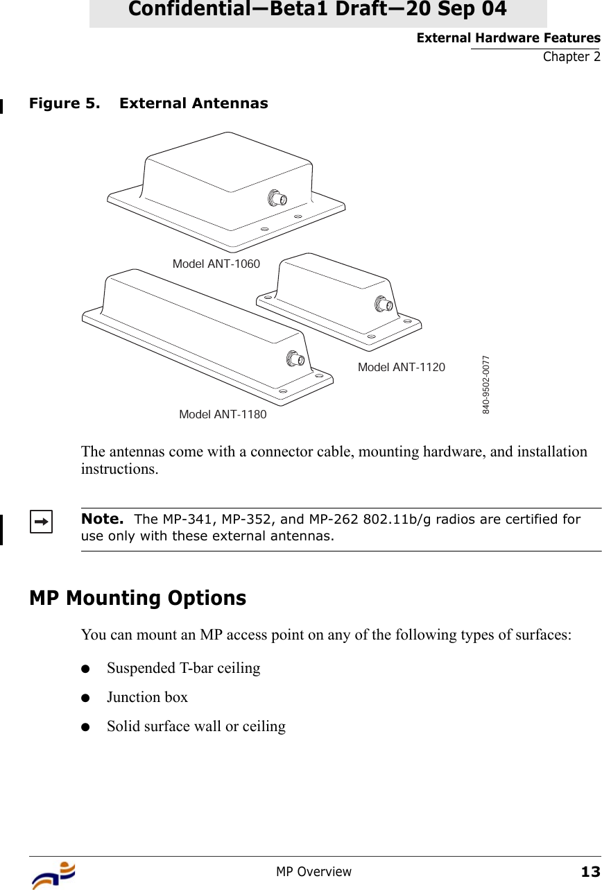 External Hardware FeaturesChapter 2MP Overview13Confidential—Beta1 Draft—Confidential—Beta1 Draft—20 Sep 04Figure 5. External AntennasThe antennas come with a connector cable, mounting hardware, and installation instructions. MP Mounting OptionsYou can mount an MP access point on any of the following types of surfaces: ●Suspended T-bar ceiling●Junction box●Solid surface wall or ceilingNote.  The MP-341, MP-352, and MP-262 802.11b/g radios are certified for use only with these external antennas.Model ANT-1060Model ANT-1180Model ANT-1120840-9502-0077