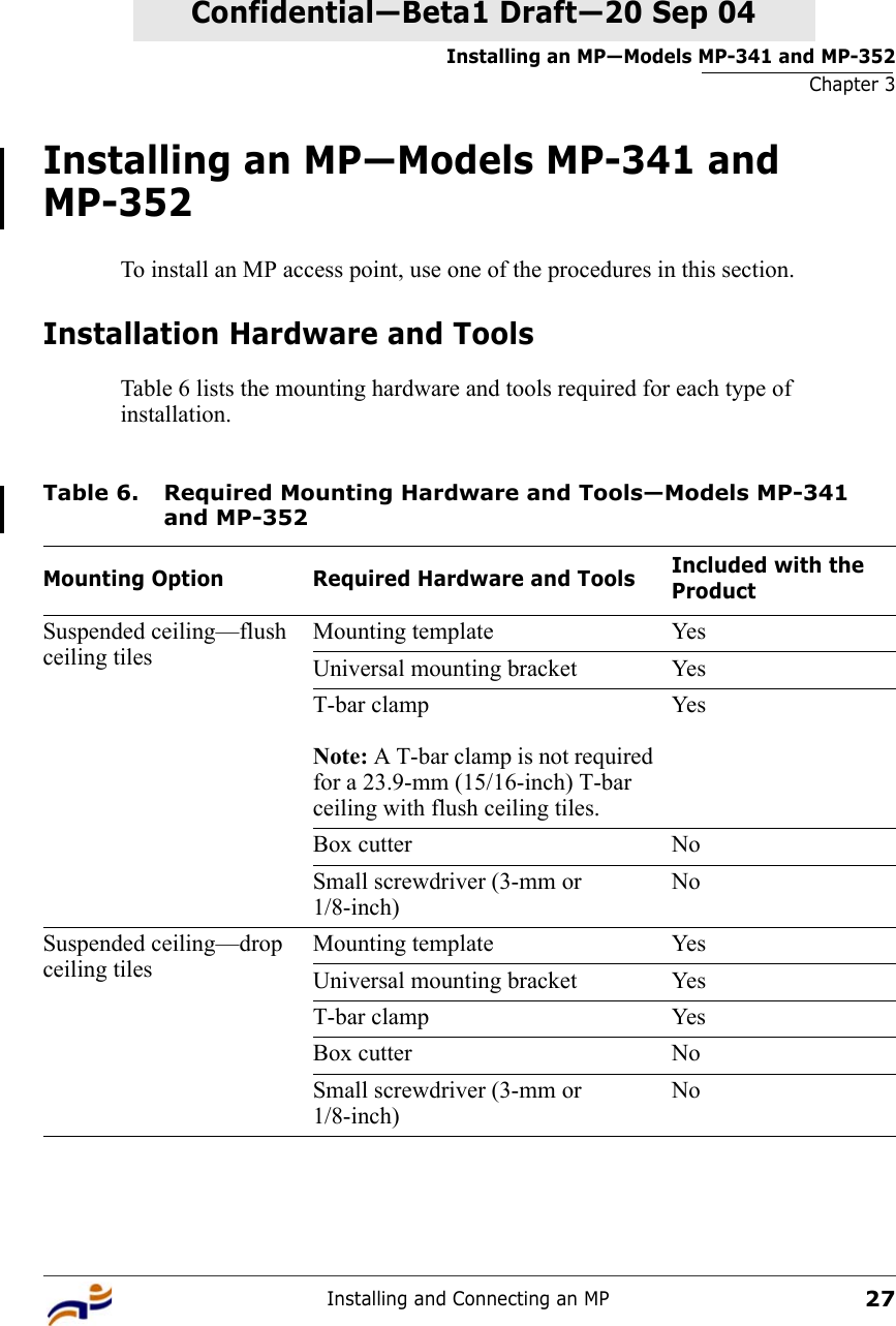 Installing an MP—Models MP-341 and MP-352Chapter 3Installing and Connecting an MP27Confidential—Beta1 Draft—Confidential—Beta1 Draft—20 Sep 04Installing an MP—Models MP-341 and MP-352To install an MP access point, use one of the procedures in this section.Installation Hardware and ToolsTable 6 lists the mounting hardware and tools required for each type of installation.Table 6. Required Mounting Hardware and Tools—Models MP-341 and MP-352Mounting Option Required Hardware and Tools Included with the ProductSuspended ceiling—flush ceiling tilesMounting template YesUniversal mounting bracket YesT-bar clampNote: A T-bar clamp is not required for a 23.9-mm (15/16-inch) T-bar ceiling with flush ceiling tiles.YesBox cutter NoSmall screwdriver (3-mm or 1/8-inch)NoSuspended ceiling—drop ceiling tilesMounting template YesUniversal mounting bracket YesT-bar clamp YesBox cutter NoSmall screwdriver (3-mm or 1/8-inch)No