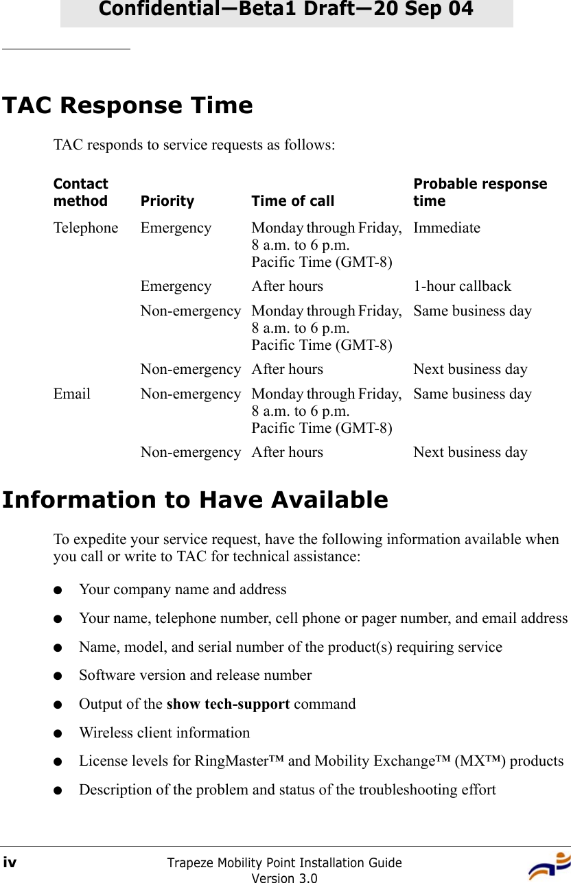 Trapeze Mobility Point Installation GuideVersion 3.0ivConfidential—Beta1 Draft—Confidential—Beta1 Draft—20 Sep 04TAC Response TimeTAC responds to service requests as follows: Information to Have AvailableTo expedite your service request, have the following information available when you call or write to TAC for technical assistance:●Your company name and address●Your name, telephone number, cell phone or pager number, and email address●Name, model, and serial number of the product(s) requiring service●Software version and release number●Output of the show tech-support command●Wireless client information●License levels for RingMaster™ and Mobility Exchange™ (MX™) products●Description of the problem and status of the troubleshooting effortContact method Priority Time of callProbable response timeTelephone Emergency Monday through Friday, 8 a.m. to 6 p.m. Pacific Time (GMT-8)ImmediateEmergency After hours 1-hour callbackNon-emergency Monday through Friday, 8 a.m. to 6 p.m. Pacific Time (GMT-8)Same business dayNon-emergency After hours Next business dayEmail Non-emergency Monday through Friday, 8 a.m. to 6 p.m. Pacific Time (GMT-8)Same business dayNon-emergency After hours Next business day