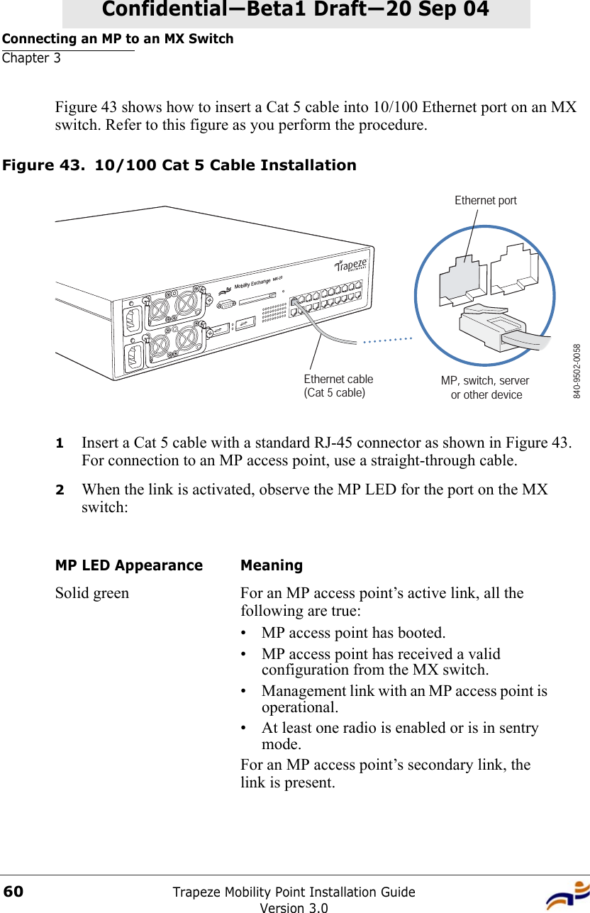 Connecting an MP to an MX SwitchChapter 3Trapeze Mobility Point Installation GuideVersion 3.060Confidential—Beta1 Draft—Confidential—Beta1 Draft—20 Sep 04Figure 43 shows how to insert a Cat 5 cable into 10/100 Ethernet port on an MX switch. Refer to this figure as you perform the procedure. Figure 43. 10/100 Cat 5 Cable Installation1Insert a Cat 5 cable with a standard RJ-45 connector as shown in Figure 43. For connection to an MP access point, use a straight-through cable.2When the link is activated, observe the MP LED for the port on the MX switch:MP LED Appearance MeaningSolid green For an MP access point’s active link, all the following are true:• MP access point has booted.• MP access point has received a valid configuration from the MX switch.• Management link with an MP access point is operational.• At least one radio is enabled or is in sentry mode.For an MP access point’s secondary link, the link is present.Mobility ExchangeMX-20Ethernet cable (Cat 5 cable) MP, switch, server or other device840-9502-0058Ethernet port