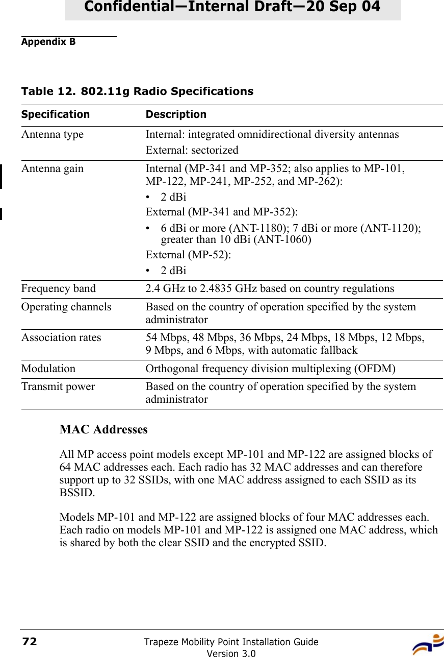 Appendix BTrapeze Mobility Point Installation GuideVersion 3.072Confidential—Internal Draft—Confidential—Internal Draft—20 Sep 04MAC AddressesAll MP access point models except MP-101 and MP-122 are assigned blocks of 64 MAC addresses each. Each radio has 32 MAC addresses and can therefore support up to 32 SSIDs, with one MAC address assigned to each SSID as its BSSID.Models MP-101 and MP-122 are assigned blocks of four MAC addresses each. Each radio on models MP-101 and MP-122 is assigned one MAC address, which is shared by both the clear SSID and the encrypted SSID.Table 12. 802.11g Radio SpecificationsSpecification DescriptionAntenna type Internal: integrated omnidirectional diversity antennasExternal: sectorizedAntenna gain Internal (MP-341 and MP-352; also applies to MP-101, MP-122, MP-241, MP-252, and MP-262): •2dBiExternal (MP-341 and MP-352): • 6 dBi or more (ANT-1180); 7 dBi or more (ANT-1120); greater than 10 dBi (ANT-1060)External (MP-52): •2dBiFrequency band 2.4 GHz to 2.4835 GHz based on country regulationsOperating channels Based on the country of operation specified by the system administratorAssociation rates 54 Mbps, 48 Mbps, 36 Mbps, 24 Mbps, 18 Mbps, 12 Mbps, 9 Mbps, and 6 Mbps, with automatic fallbackModulation Orthogonal frequency division multiplexing (OFDM)Transmit power Based on the country of operation specified by the system administrator