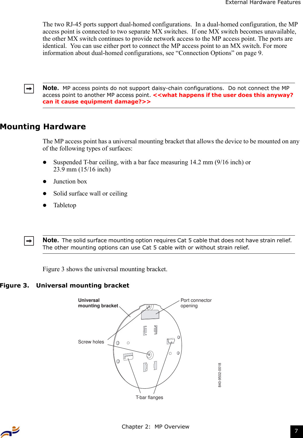 Chapter 2:  MP Overview 7External Hardware FeaturesThe two RJ-45 ports support dual-homed configurations.  In a dual-homed configuration, the MP access point is connected to two separate MX switches.  If one MX switch becomes unavailable, the other MX switch continues to provide network access to the MP access point. The ports are identical.  You can use either port to connect the MP access point to an MX switch. For more information about dual-homed configurations, see “Connection Options” on page 9.Mounting HardwareThe MP access point has a universal mounting bracket that allows the device to be mounted on any of the following types of surfaces:zSuspended T-bar ceiling, with a bar face measuring 14.2 mm (9/16 inch) or 23.9 mm (15/16 inch)zJunction boxzSolid surface wall or ceilingzTabletopFigure 3 shows the universal mounting bracket.Figure 3. Universal mounting bracketNote.  MP access points do not support daisy-chain configurations.  Do not connect the MP access point to another MP access point. &lt;&lt;what happens if the user does this anyway? can it cause equipment damage?&gt;&gt;Note.  The solid surface mounting option requires Cat 5 cable that does not have strain relief.  The other mounting options can use Cat 5 cable with or without strain relief.840-9502-0018Universalmounting bracket Port connectoropeningT-bar flangesScrew holes