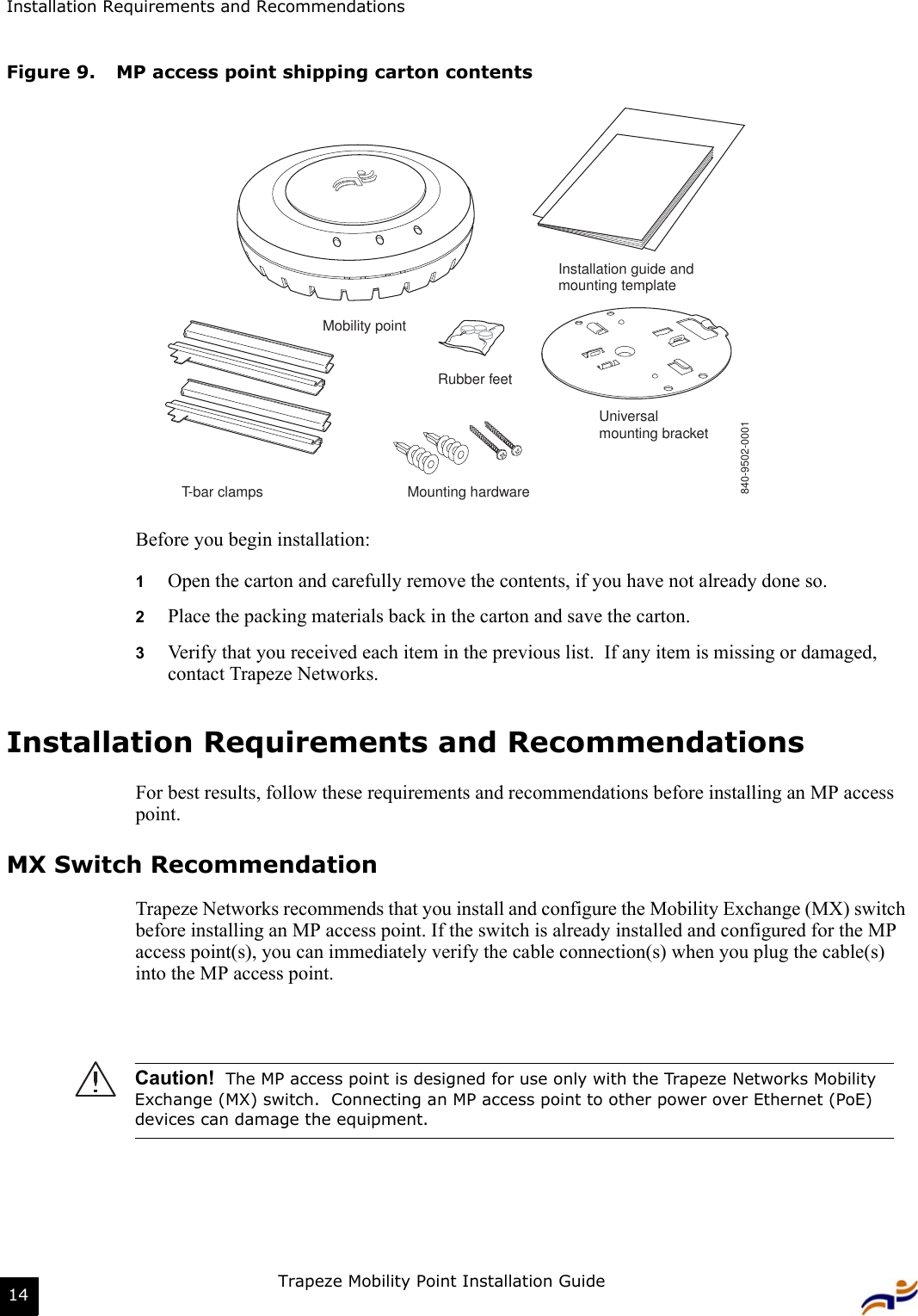 Installation Requirements and RecommendationsTrapeze Mobility Point Installation Guide14Figure 9. MP access point shipping carton contentsBefore you begin installation:1Open the carton and carefully remove the contents, if you have not already done so.2Place the packing materials back in the carton and save the carton.3Verify that you received each item in the previous list.  If any item is missing or damaged, contact Trapeze Networks. Installation Requirements and RecommendationsFor best results, follow these requirements and recommendations before installing an MP access point.MX Switch RecommendationTrapeze Networks recommends that you install and configure the Mobility Exchange (MX) switch before installing an MP access point. If the switch is already installed and configured for the MP access point(s), you can immediately verify the cable connection(s) when you plug the cable(s) into the MP access point.Caution!  The MP access point is designed for use only with the Trapeze Networks Mobility Exchange (MX) switch.  Connecting an MP access point to other power over Ethernet (PoE) devices can damage the equipment.T-bar clampsInstallation guide andmounting templateRubber feetUniversalmounting bracketMounting hardwareMobility point840-9502-0001