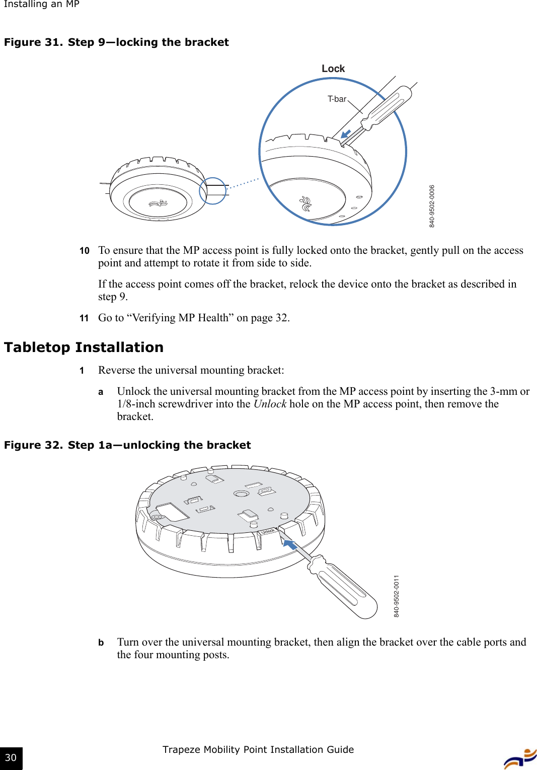 Installing an MPTrapeze Mobility Point Installation Guide30Figure 31. Step 9—locking the bracket10 To ensure that the MP access point is fully locked onto the bracket, gently pull on the access point and attempt to rotate it from side to side.If the access point comes off the bracket, relock the device onto the bracket as described in step 9.11 Go to “Verifying MP Health” on page 32.Tabletop Installation1Reverse the universal mounting bracket:  aUnlock the universal mounting bracket from the MP access point by inserting the 3-mm or 1/8-inch screwdriver into the Unlock hole on the MP access point, then remove the bracket.Figure 32. Step 1a—unlocking the bracketbTurn over the universal mounting bracket, then align the bracket over the cable ports and the four mounting posts.840-9502-0006LockT-bar840-9502-0011