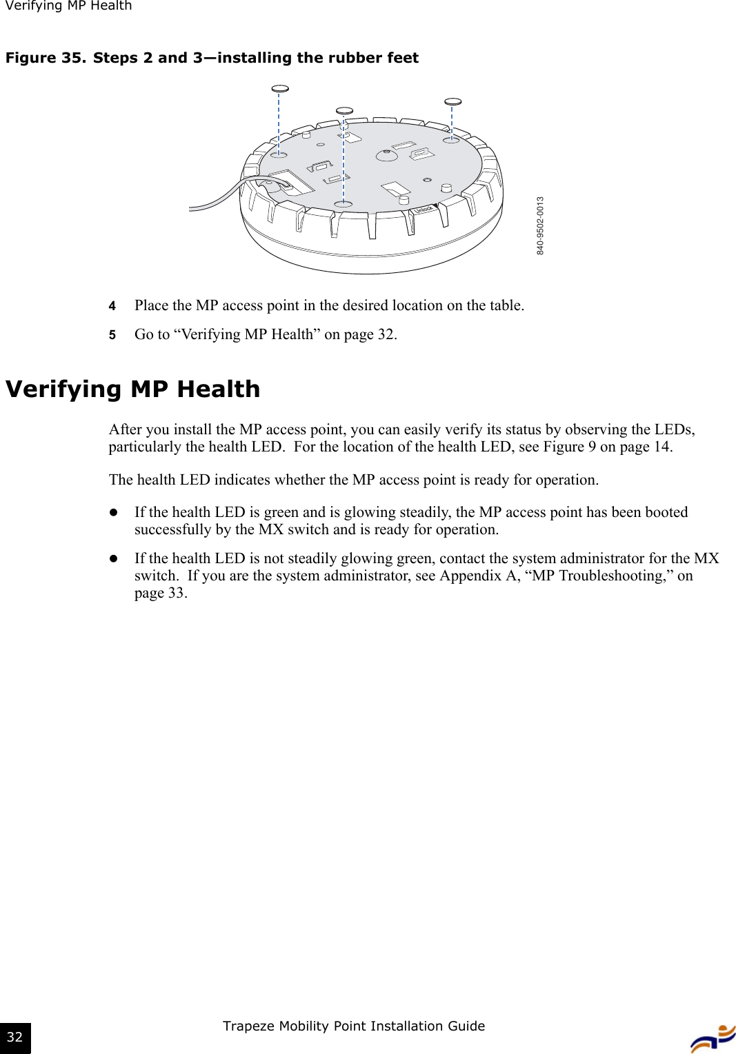 Verifying MP HealthTrapeze Mobility Point Installation Guide32Figure 35. Steps 2 and 3—installing the rubber feet4Place the MP access point in the desired location on the table.5Go to “Verifying MP Health” on page 32.Verifying MP HealthAfter you install the MP access point, you can easily verify its status by observing the LEDs, particularly the health LED.  For the location of the health LED, see Figure 9 on page 14.The health LED indicates whether the MP access point is ready for operation.  zIf the health LED is green and is glowing steadily, the MP access point has been booted successfully by the MX switch and is ready for operation.  zIf the health LED is not steadily glowing green, contact the system administrator for the MX switch.  If you are the system administrator, see Appendix A, “MP Troubleshooting,” on page 33.840-9502-0013