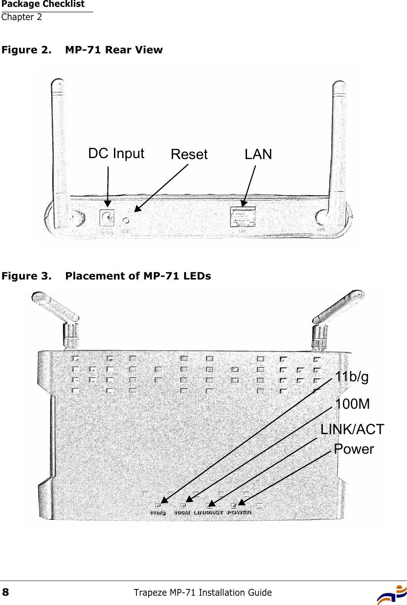 Package ChecklistChapter 2Trapeze MP-71 Installation Guide8Figure 2. MP-71 Rear ViewFigure 3. Placement of MP-71 LEDsDC Input Reset LAN11b/g100MLINK/ACTPower