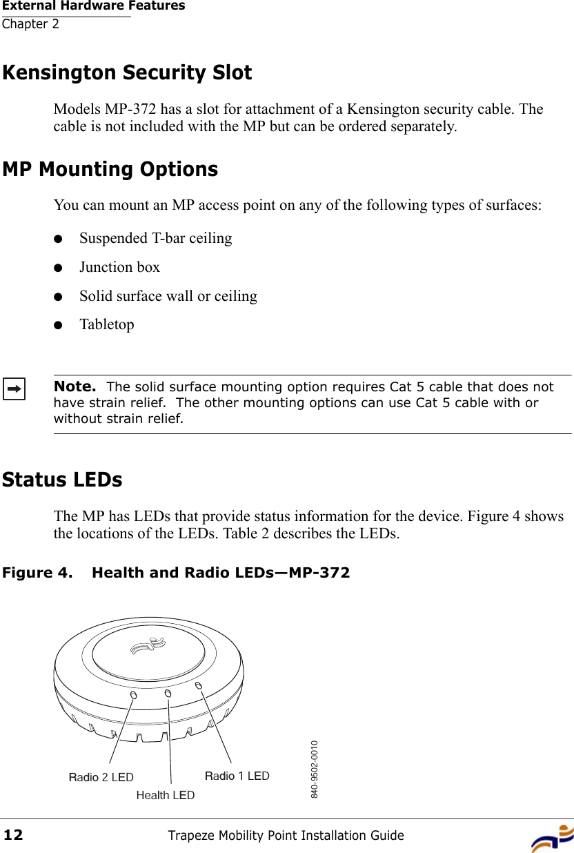 External Hardware FeaturesChapter 2Trapeze Mobility Point Installation Guide12Kensington Security SlotModels MP-372 has a slot for attachment of a Kensington security cable. The cable is not included with the MP but can be ordered separately.MP Mounting OptionsYou can mount an MP access point on any of the following types of surfaces: ●Suspended T-bar ceiling●Junction box●Solid surface wall or ceiling●TabletopStatus LEDsThe MP has LEDs that provide status information for the device. Figure 4 shows the locations of the LEDs. Table 2 describes the LEDs. Figure 4. Health and Radio LEDs—MP-372Note.  The solid surface mounting option requires Cat 5 cable that does not have strain relief.  The other mounting options can use Cat 5 cable with or without strain relief.Radio 2 LEDHealth LEDRadio 1 LED840-9502-0010