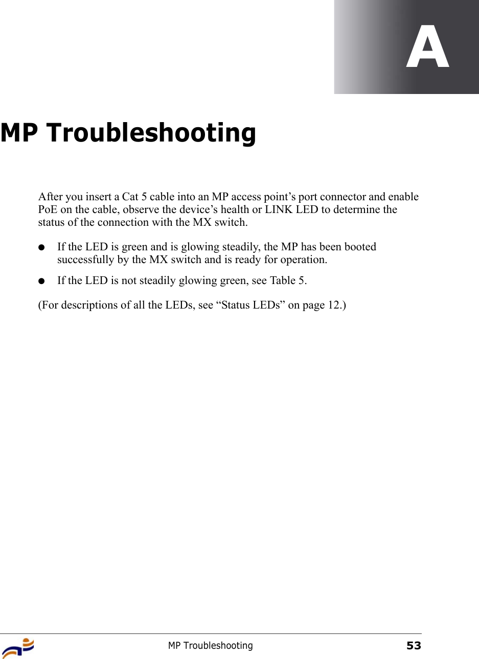 MP Troubleshooting53AMP TroubleshootingAfter you insert a Cat 5 cable into an MP access point’s port connector and enable PoE on the cable, observe the device’s health or LINK LED to determine the status of the connection with the MX switch. ●If the LED is green and is glowing steadily, the MP has been booted successfully by the MX switch and is ready for operation. ●If the LED is not steadily glowing green, see Table 5.(For descriptions of all the LEDs, see “Status LEDs” on page 12.)