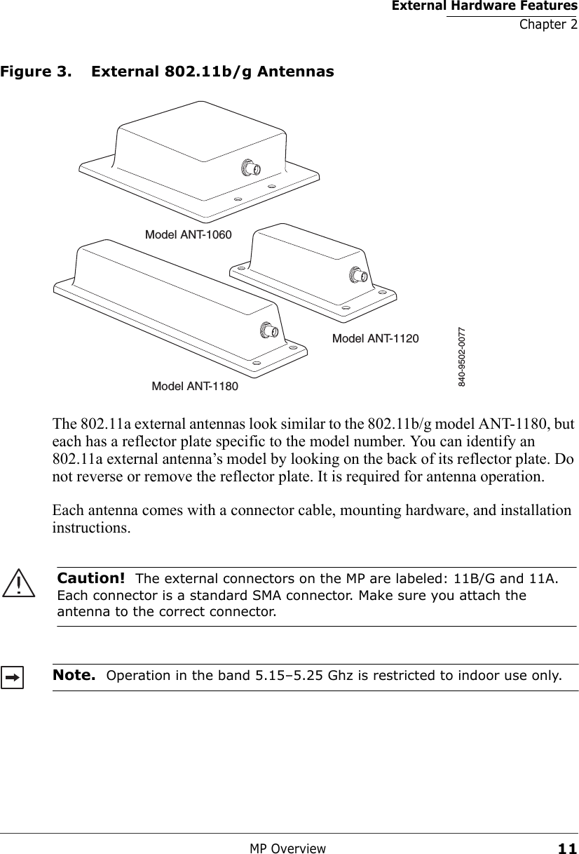 External Hardware FeaturesChapter 2MP Overview11Figure 3. External 802.11b/g AntennasThe 802.11a external antennas look similar to the 802.11b/g model ANT-1180, but each has a reflector plate specific to the model number. You can identify an 802.11a external antenna’s model by looking on the back of its reflector plate. Do not reverse or remove the reflector plate. It is required for antenna operation. Each antenna comes with a connector cable, mounting hardware, and installation instructions.  Caution!  The external connectors on the MP are labeled: 11B/G and 11A. Each connector is a standard SMA connector. Make sure you attach the antenna to the correct connector.Note.  Operation in the band 5.15–5.25 Ghz is restricted to indoor use only.Model ANT-1060Model ANT-1180Model ANT-1120840-9502-0077