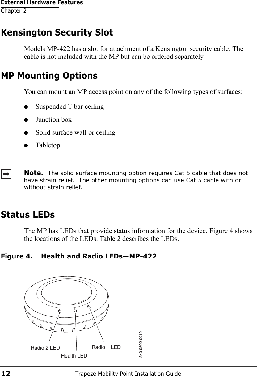 External Hardware FeaturesChapter 2Trapeze Mobility Point Installation Guide12Kensington Security SlotModels MP-422 has a slot for attachment of a Kensington security cable. The cable is not included with the MP but can be ordered separately.MP Mounting OptionsYou can mount an MP access point on any of the following types of surfaces: ●Suspended T-bar ceiling●Junction box●Solid surface wall or ceiling●TabletopStatus LEDsThe MP has LEDs that provide status information for the device. Figure 4 shows the locations of the LEDs. Table 2 describes the LEDs. Figure 4. Health and Radio LEDs—MP-422Note.  The solid surface mounting option requires Cat 5 cable that does not have strain relief.  The other mounting options can use Cat 5 cable with or without strain relief.Radio 2 LEDHealth LEDRadio 1 LED840-9502-0010