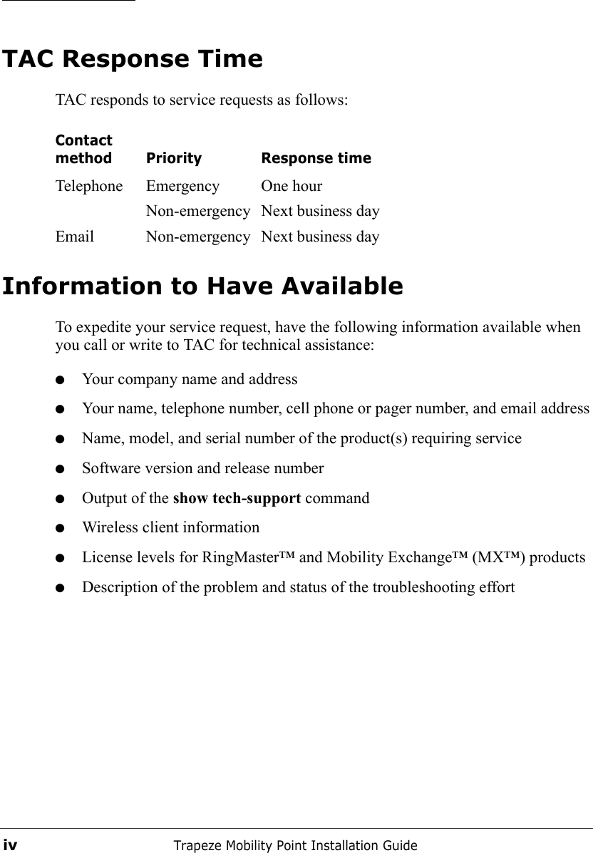 Trapeze Mobility Point Installation GuideivTAC Response TimeTAC responds to service requests as follows: Information to Have AvailableTo expedite your service request, have the following information available when you call or write to TAC for technical assistance:●Your company name and address●Your name, telephone number, cell phone or pager number, and email address●Name, model, and serial number of the product(s) requiring service●Software version and release number●Output of the show tech-support command●Wireless client information●License levels for RingMaster™ and Mobility Exchange™ (MX™) products●Description of the problem and status of the troubleshooting effortContact method Priority Response timeTelephone Emergency One hourNon-emergency Next business dayEmail Non-emergency Next business day