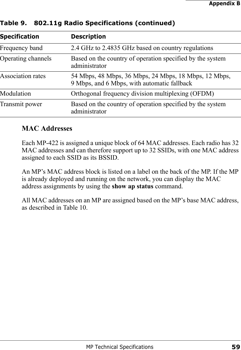 Appendix BMP Technical Specifications59MAC AddressesEach MP-422 is assigned a unique block of 64 MAC addresses. Each radio has 32 MAC addresses and can therefore support up to 32 SSIDs, with one MAC address assigned to each SSID as its BSSID.An MP’s MAC address block is listed on a label on the back of the MP. If the MP is already deployed and running on the network, you can display the MAC address assignments by using the show ap status command.All MAC addresses on an MP are assigned based on the MP’s base MAC address, as described in Table 10.Frequency band 2.4 GHz to 2.4835 GHz based on country regulationsOperating channels Based on the country of operation specified by the system administratorAssociation rates 54 Mbps, 48 Mbps, 36 Mbps, 24 Mbps, 18 Mbps, 12 Mbps, 9 Mbps, and 6 Mbps, with automatic fallbackModulation Orthogonal frequency division multiplexing (OFDM)Transmit power Based on the country of operation specified by the system administratorTable 9. 802.11g Radio Specifications (continued)Specification Description