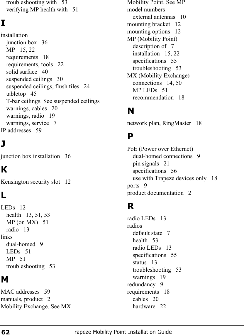 Trapeze Mobility Point Installation Guide62troubleshooting with  53verifying MP health with  51Iinstallationjunction box  36MP 15, 22requirements 18requirements, tools  22solid surface  40suspended ceilings  30suspended ceilings, flush tiles  24tabletop 45T-bar ceilings. See suspended ceilingswarnings, cables  20warnings, radio  19warnings, service  7IP addresses  59Jjunction box installation  36KKensington security slot  12LLEDs 12health 13, 51, 53MP (on MX)  51radio 13linksdual-homed 9LEDs 51MP 51troubleshooting 53MMAC addresses  59manuals, product  2Mobility Exchange. See MXMobility Point. See MPmodel numbersexternal antennas  10mounting bracket  12mounting options  12MP (Mobility Point)description of  7installation 15, 22specifications 55troubleshooting 53MX (Mobility Exchange)connections 14, 50MP LEDs  51recommendation 18Nnetwork plan, RingMaster  18PPoE (Power over Ethernet)dual-homed connections  9pin signals  21specifications 56use with Trapeze devices only  18ports 9product documentation  2Rradio LEDs  13radiosdefault state  7health 53radio LEDs  13specifications 55status 13troubleshooting 53warnings 19redundancy 9requirements 18cables 20hardware 22