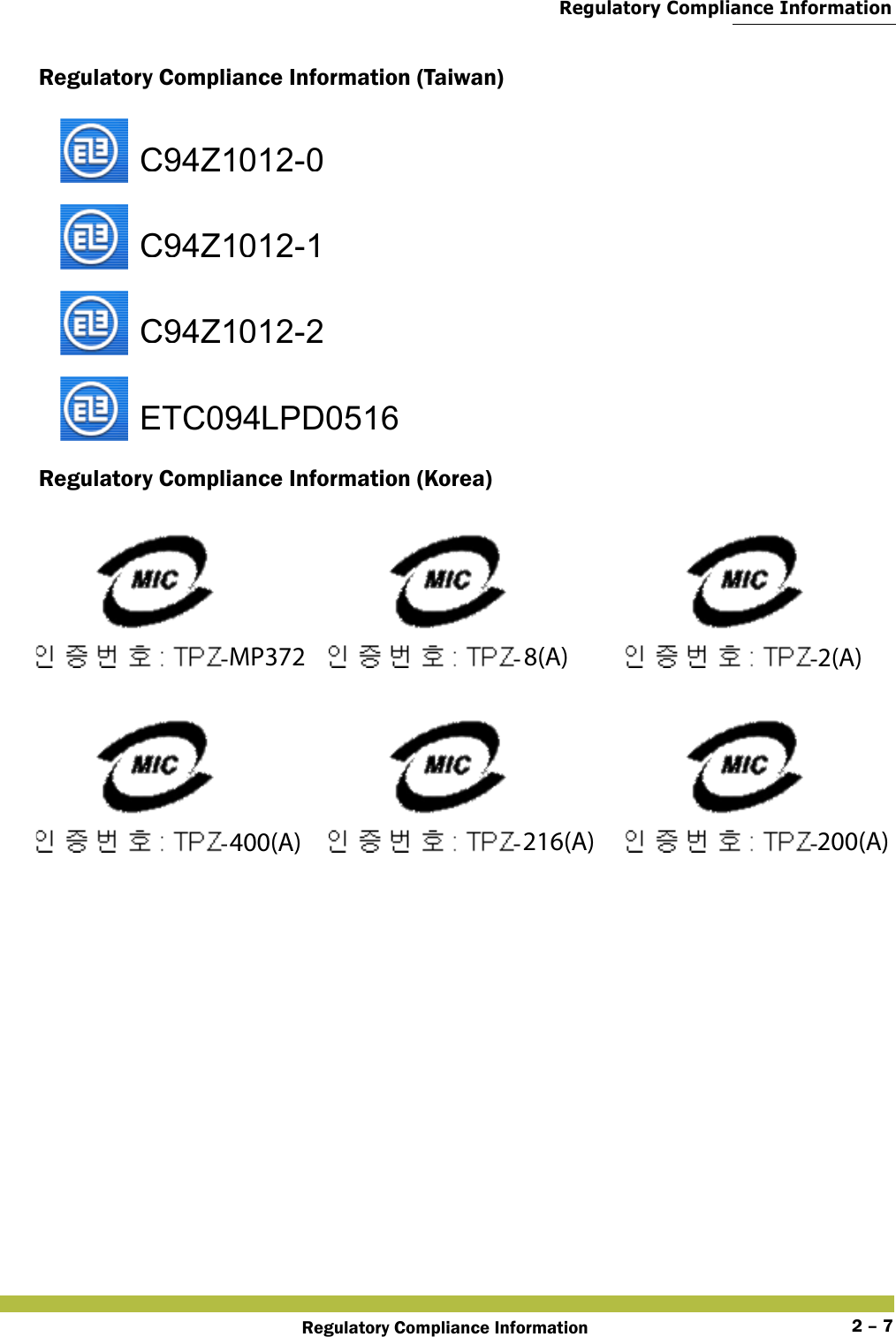  Regulatory Compliance InformationRegulatory Compliance Information 2 – 7Regulatory Compliance Information (Taiwan)   Regulatory Compliance Information (Korea)      C94Z1012-0C94Z1012-1C94Z1012-2ETC094LPD0516   MP372400(A)8(A)216(A)2(A)200(A)