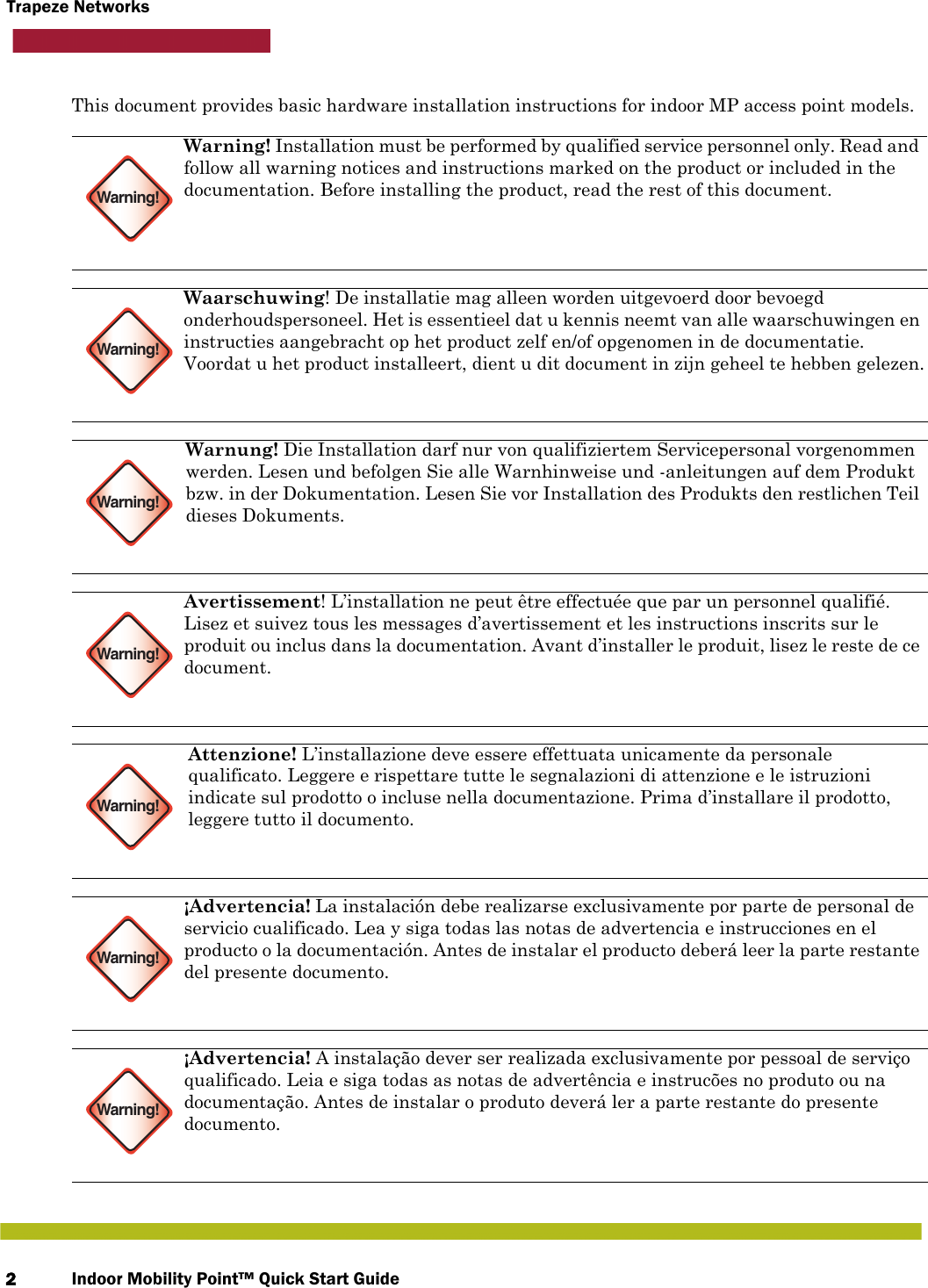 Indoor Mobility Point™ Quick Start Guide2Trapeze NetworksThis document provides basic hardware installation instructions for indoor MP access point models.  Warning!Warning! Installation must be performed by qualified service personnel only. Read and follow all warning notices and instructions marked on the product or included in the documentation. Before installing the product, read the rest of this document.Warning!Waarschuwing! De installatie mag alleen worden uitgevoerd door bevoegd onderhoudspersoneel. Het is essentieel dat u kennis neemt van alle waarschuwingen en instructies aangebracht op het product zelf en/of opgenomen in de documentatie. Voordat u het product installeert, dient u dit document in zijn geheel te hebben gelezen.Warning!Warnung! Die Installation darf nur von qualifiziertem Servicepersonal vorgenommen werden. Lesen und befolgen Sie alle Warnhinweise und -anleitungen auf dem Produkt bzw. in der Dokumentation. Lesen Sie vor Installation des Produkts den restlichen Teil dieses Dokuments.Warning!Avertissement! L’installation ne peut être effectuée que par un personnel qualifié. Lisez et suivez tous les messages d’avertissement et les instructions inscrits sur le produit ou inclus dans la documentation. Avant d’installer le produit, lisez le reste de ce document.Warning!Attenzione! L’installazione deve essere effettuata unicamente da personale qualificato. Leggere e rispettare tutte le segnalazioni di attenzione e le istruzioni indicate sul prodotto o incluse nella documentazione. Prima d’installare il prodotto, leggere tutto il documento.Warning!¡Advertencia! La instalación debe realizarse exclusivamente por parte de personal de servicio cualificado. Lea y siga todas las notas de advertencia e instrucciones en el producto o la documentación. Antes de instalar el producto deberá leer la parte restante del presente documento. Warning!¡Advertencia! A instalação dever ser realizada exclusivamente por pessoal de serviço qualificado. Leia e siga todas as notas de advertência e instrucões no produto ou na documentação. Antes de instalar o produto deverá ler a parte restante do presente documento.