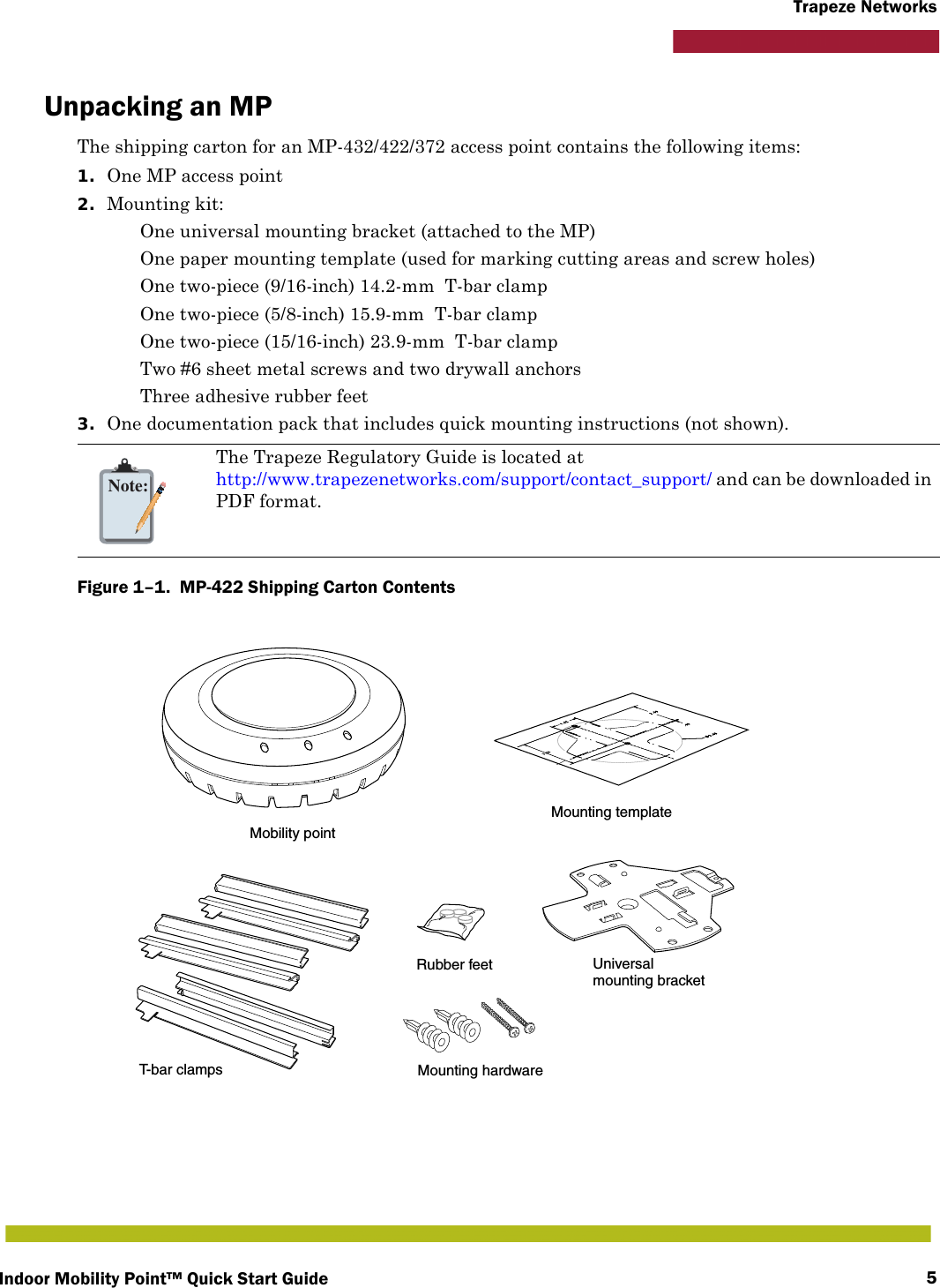 Indoor Mobility Point™ Quick Start Guide 5Trapeze NetworksUnpacking an MPThe shipping carton for an MP-432/422/372 access point contains the following items: 1. One MP access point2. Mounting kit: One universal mounting bracket (attached to the MP)  One paper mounting template (used for marking cutting areas and screw holes)  One two-piece (9/16-inch) 14.2-mm  T-bar clamp  One two-piece (5/8-inch) 15.9-mm  T-bar clamp One two-piece (15/16-inch) 23.9-mm  T-bar clamp Two #6 sheet metal screws and two drywall anchors Three adhesive rubber feet3. One documentation pack that includes quick mounting instructions (not shown).Figure 1–1.  MP-422 Shipping Carton Contents   Note:The Trapeze Regulatory Guide is located at http://www.trapezenetworks.com/support/contact_support/ and can be downloaded in PDF format.T-bar clampsMounting templateRubber feet Universalmounting bracketMounting hardwareMobility point840-9502-0001