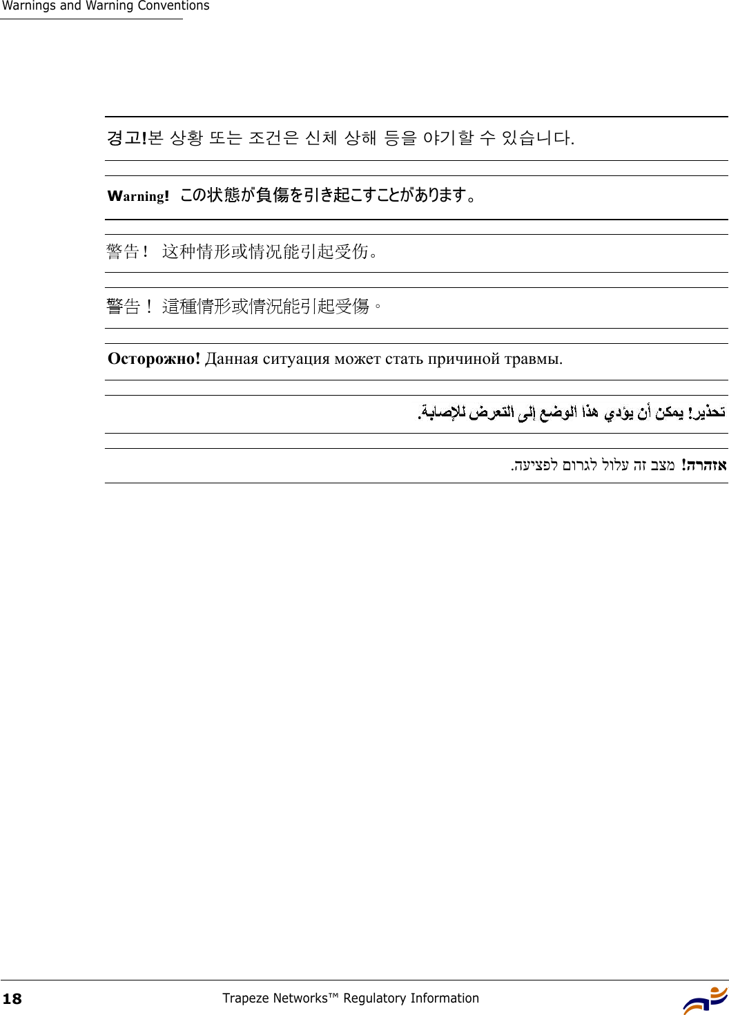 Warnings and Warning ConventionsTrapeze Networks™ Regulatory Information18경고!본 상황 또는 조건은 신체 상해 등을 야기할 수 있습니다. Warning!  この状態が負傷を引き起こすことがあります。 警告！ 这种情形或情况能引起受伤。 警告！ 這種情形或情況能引起受傷。 Осторожно! Данная ситуация может стать причиной травмы. הרהזא !  בצמ הז לולע םורגל העיצפל.  