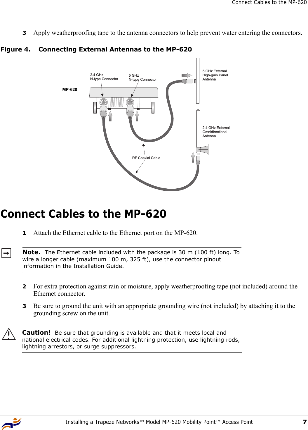 Installing a Trapeze Networks™ Model MP-620 Mobility Point™ Access Point7Connect Cables to the MP-6203Apply weatherproofing tape to the antenna connectors to help prevent water entering the connectors.Figure 4. Connecting External Antennas to the MP-620Connect Cables to the MP-6201Attach the Ethernet cable to the Ethernet port on the MP-620. 2For extra protection against rain or moisture, apply weatherproofing tape (not included) around the Ethernet connector.3Be sure to ground the unit with an appropriate grounding wire (not included) by attaching it to the grounding screw on the unit.Note.  The Ethernet cable included with the package is 30 m (100 ft) long. To wire a longer cable (maximum 100 m, 325 ft), use the connector pinout information in the Installation Guide.Caution!  Be sure that grounding is available and that it meets local and national electrical codes. For additional lightning protection, use lightning rods, lightning arrestors, or surge suppressors.RF Coaxial Cable2.4 GHz ExternalOmnidirectionalAntenna2.4 GHzN-type Connector5 GHzN-type Connector5 GHz ExternalHigh-gain PanelAntennaMP-620