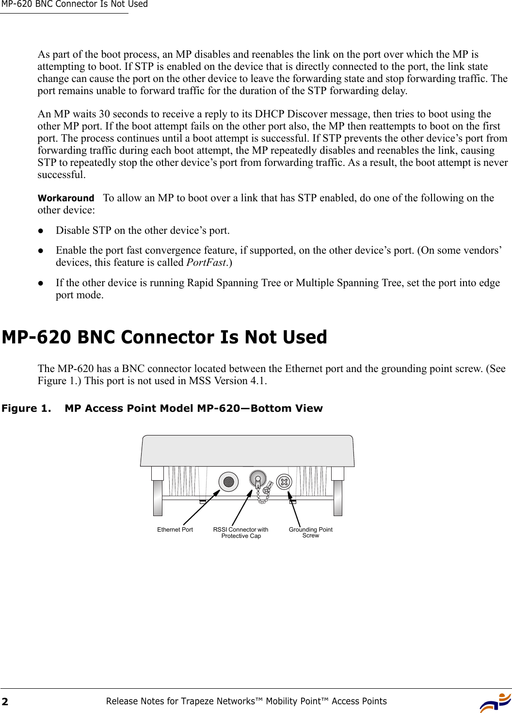 MP-620 BNC Connector Is Not UsedRelease Notes for Trapeze Networks™ Mobility Point™ Access Points2As part of the boot process, an MP disables and reenables the link on the port over which the MP is attempting to boot. If STP is enabled on the device that is directly connected to the port, the link state change can cause the port on the other device to leave the forwarding state and stop forwarding traffic. The port remains unable to forward traffic for the duration of the STP forwarding delay. An MP waits 30 seconds to receive a reply to its DHCP Discover message, then tries to boot using the other MP port. If the boot attempt fails on the other port also, the MP then reattempts to boot on the first port. The process continues until a boot attempt is successful. If STP prevents the other device’s port from forwarding traffic during each boot attempt, the MP repeatedly disables and reenables the link, causing STP to repeatedly stop the other device’s port from forwarding traffic. As a result, the boot attempt is never successful.Workaround   To allow an MP to boot over a link that has STP enabled, do one of the following on the other device:zDisable STP on the other device’s port.zEnable the port fast convergence feature, if supported, on the other device’s port. (On some vendors’ devices, this feature is called PortFast.)zIf the other device is running Rapid Spanning Tree or Multiple Spanning Tree, set the port into edge port mode.MP-620 BNC Connector Is Not UsedThe MP-620 has a BNC connector located between the Ethernet port and the grounding point screw. (See Figure 1.) This port is not used in MSS Version 4.1.Figure 1. MP Access Point Model MP-620—Bottom ViewEthernet Port RSSI Connector with Protective CapGrounding Point Screw