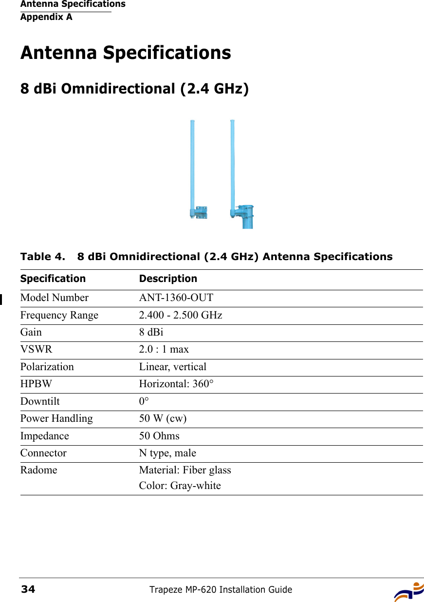 Antenna SpecificationsAppendix ATrapeze MP-620 Installation Guide34Antenna Specifications8 dBi Omnidirectional (2.4 GHz)Table 4. 8 dBi Omnidirectional (2.4 GHz) Antenna SpecificationsSpecification DescriptionModel Number ANT-1360-OUTFrequency Range 2.400 - 2.500 GHzGain 8 dBiVSWR 2.0 : 1 maxPolarization Linear, verticalHPBW Horizontal: 360°Downtilt 0°Power Handling 50 W (cw)Impedance 50 OhmsConnector N type, maleRadome Material: Fiber glassColor: Gray-white