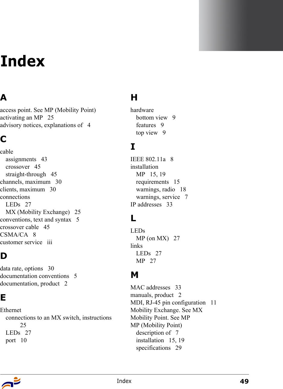 Index49IndexAaccess point. See MP (Mobility Point)activating an MP  25advisory notices, explanations of  4Ccableassignments 43crossover 45straight-through 45channels, maximum  30clients, maximum  30connectionsLEDs 27MX (Mobility Exchange)  25conventions, text and syntax  5crossover cable  45CSMA/CA 8customer service  iiiDdata rate, options  30documentation conventions  5documentation, product  2EEthernetconnections to an MX switch, instructions 25LEDs 27port 10Hhardwarebottom view  9features 9top view  9IIEEE 802.11a  8installationMP 15, 19requirements 15warnings, radio  18warnings, service  7IP addresses  33LLEDsMP (on MX)  27linksLEDs 27MP 27MMAC addresses  33manuals, product  2MDI, RJ-45 pin configuration  11Mobility Exchange. See MXMobility Point. See MPMP (Mobility Point)description of  7installation 15, 19specifications 29