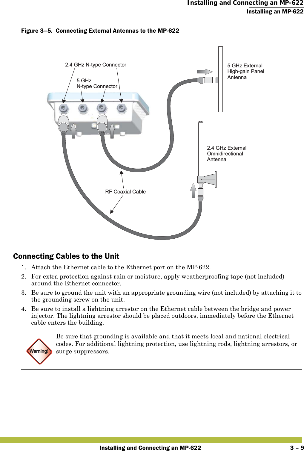  Installing and Connecting an MP-622Installing an MP-622Installing and Connecting an MP-622 3 – 9Figure 3–5.  Connecting External Antennas to the MP-622   Connecting Cables to the Unit1. Attach the Ethernet cable to the Ethernet port on the MP-622. 2. For extra protection against rain or moisture, apply weatherproofing tape (not included) around the Ethernet connector.3. Be sure to ground the unit with an appropriate grounding wire (not included) by attaching it to the grounding screw on the unit.4. Be sure to install a lightning arrestor on the Ethernet cable between the bridge and power injector. The lightning arrestor should be placed outdoors, immediately before the Ethernet cable enters the building.Warning!Be sure that grounding is available and that it meets local and national electrical codes. For additional lightning protection, use lightning rods, lightning arrestors, or surge suppressors.RF Coaxial Cable2.4 GHz ExternalOmnidirectionalAntenna2.4 GHz N-type Connector5 GHzN-type Connector5 GHz ExternalHigh-gain PanelAntenna