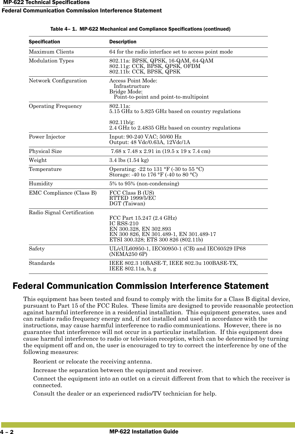  MP-622 Technical SpecificationsFederal Communication Commission Interference StatementMP-622 Installation Guide4 – 2Federal Communication Commission Interference StatementThis equipment has been tested and found to comply with the limits for a Class B digital device, pursuant to Part 15 of the FCC Rules.  These limits are designed to provide reasonable protection against harmful interference in a residential installation.  This equipment generates, uses and can radiate radio frequency energy and, if not installed and used in accordance with the instructions, may cause harmful interference to radio communications.  However, there is no guarantee that interference will not occur in a particular installation.  If this equipment does cause harmful interference to radio or television reception, which can be determined by turning the equipment off and on, the user is encouraged to try to correct the interference by one of the following measures: Reorient or relocate the receiving antenna. Increase the separation between the equipment and receiver. Connect the equipment into an outlet on a circuit different from that to which the receiver is connected. Consult the dealer or an experienced radio/TV technician for help.Maximum Clients 64 for the radio interface set to access point modeModulation Types 802.11a: BPSK, QPSK, 16-QAM, 64-QAM802.11g: CCK, BPSK, QPSK, OFDM802.11b: CCK, BPSK, QPSKNetwork Configuration Access Point Mode:   InfrastructureBridge Mode:   Point-to-point and point-to-multipointOperating Frequency 802.11a:5.15 GHz to 5.825 GHz based on country regulations802.11b/g:2.4 GHz to 2.4835 GHz based on country regulationsPower Injector Input: 90-240 VAC; 50/60 HzOutput: 48 Vdc/0.63A, 12Vdc/1APhysical Size  7.68 x 7.48 x 2.91 in (19.5 x 19 x 7.4 cm)Weight 3.4 lbs (1.54 kg) Temperature Operating: -22 to 131 °F (-30 to 55 °C)Storage: -40 to 176 °F (-40 to 80 °C)Humidity 5% to 95% (non-condensing)EMC Compliance (Class B) FCC Class B (US)RTTED 1999/5/ECDGT (Taiwan)Radio Signal Certification FCC Part 15.247 (2.4 GHz)IC RSS-210EN 300.328, EN 302.893EN 300 826, EN 301.489-1, EN 301.489-17ETSI 300.328; ETS 300 826 (802.11b)Safety UL/cUL60950-1, IEC60950-1 (CB) and IEC60529 IP68 (NEMA250 6P)Standards IEEE 802.3 10BASE-T, IEEE 802.3u 100BASE-TX, IEEE 802.11a, b, gTable 4– 1.  MP-622 Mechanical and Compliance Specifications (continued)Specification Description