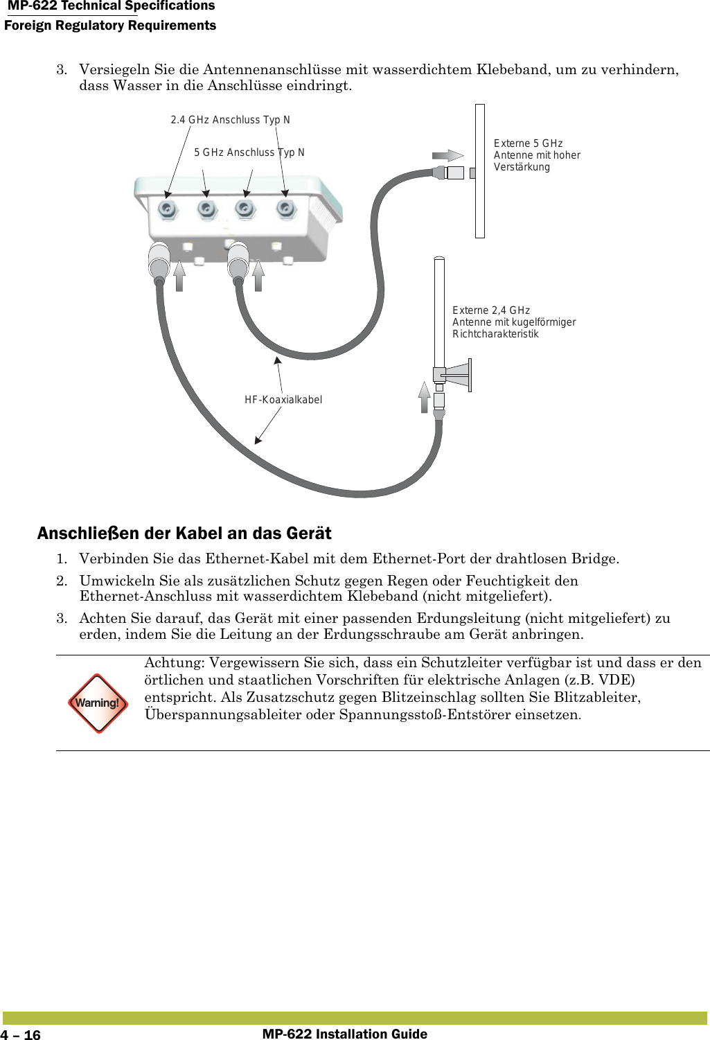  MP-622 Technical SpecificationsForeign Regulatory RequirementsMP-622 Installation Guide4 – 163. Versiegeln Sie die Antennenanschlüsse mit wasserdichtem Klebeband, um zu verhindern, dass Wasser in die Anschlüsse eindringt.Anschließen der Kabel an das Gerät1. Verbinden Sie das Ethernet-Kabel mit dem Ethernet-Port der drahtlosen Bridge.2. Umwickeln Sie als zusätzlichen Schutz gegen Regen oder Feuchtigkeit den Ethernet-Anschluss mit wasserdichtem Klebeband (nicht mitgeliefert).3. Achten Sie darauf, das Gerät mit einer passenden Erdungsleitung (nicht mitgeliefert) zu erden, indem Sie die Leitung an der Erdungsschraube am Gerät anbringen.Warning!Achtung: Vergewissern Sie sich, dass ein Schutzleiter verfügbar ist und dass er den örtlichen und staatlichen Vorschriften für elektrische Anlagen (z.B. VDE) entspricht. Als Zusatzschutz gegen Blitzeinschlag sollten Sie Blitzableiter, Überspannungsableiter oder Spannungsstoß-Entstörer einsetzen.HF-KoaxialkabelExterne 2,4 GHzAntenne mit kugelförmigerRichtcharakteristik2.4 GHz Anschluss Typ N5 GHz Anschluss Typ N Externe 5 GHzAntenne mit hoherVerstärkung