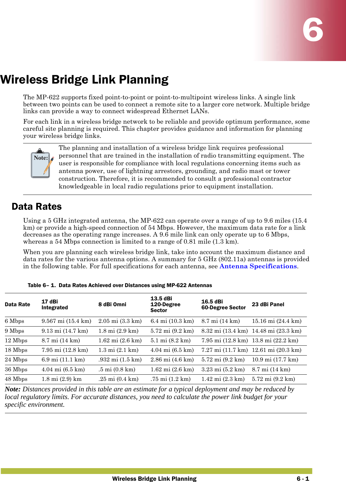 Wireless Bridge Link Planning 6 - 166Wireless Bridge Link PlanningThe MP-622 supports fixed point-to-point or point-to-multipoint wireless links. A single link between two points can be used to connect a remote site to a larger core network. Multiple bridge links can provide a way to connect widespread Ethernet LANs.For each link in a wireless bridge network to be reliable and provide optimum performance, some careful site planning is required. This chapter provides guidance and information for planning your wireless bridge links.Data RatesUsing a 5 GHz integrated antenna, the MP-622 can operate over a range of up to 9.6 miles (15.4 km) or provide a high-speed connection of 54 Mbps. However, the maximum data rate for a link decreases as the operating range increases. A 9.6 mile link can only operate up to 6 Mbps, whereas a 54 Mbps connection is limited to a range of 0.81 mile (1.3 km).When you are planning each wireless bridge link, take into account the maximum distance and data rates for the various antenna options. A summary for 5 GHz (802.11a) antennas is provided in the following table. For full specifications for each antenna, see Antenna Specifications.    Note:The planning and installation of a wireless bridge link requires professional personnel that are trained in the installation of radio transmitting equipment. The user is responsible for compliance with local regulations concerning items such as antenna power, use of lightning arrestors, grounding, and radio mast or tower construction. Therefore, it is recommended to consult a professional contractor knowledgeable in local radio regulations prior to equipment installation.Table 6– 1.  Data Rates Achieved over Distances using MP-622 AntennasData Rate 17 dBi Integrated 8 dBi Omni13.5 dBi 120-Degree Sector16.5 dBi 60-Degree Sector 23 dBi Panel6 Mbps 9.567 mi (15.4 km) 2.05 mi (3.3 km) 6.4 mi (10.3 km) 8.7 mi (14 km) 15.16 mi (24.4 km)9 Mbps 9.13 mi (14.7 km) 1.8 mi (2.9 km) 5.72 mi (9.2 km) 8.32 mi (13.4 km) 14.48 mi (23.3 km)12 Mbps 8.7 mi (14 km) 1.62 mi (2.6 km) 5.1 mi (8.2 km) 7.95 mi (12.8 km) 13.8 mi (22.2 km)18 Mbps 7.95 mi (12.8 km) 1.3 mi (2.1 km) 4.04 mi (6.5 km) 7.27 mi (11.7 km) 12.61 mi (20.3 km)24 Mbps 6.9 mi (11.1 km) .932 mi (1.5 km) 2.86 mi (4.6 km) 5.72 mi (9.2 km) 10.9 mi (17.7 km)36 Mbps 4.04 mi (6.5 km) .5 mi (0.8 km) 1.62 mi (2.6 km) 3.23 mi (5.2 km) 8.7 mi (14 km)48 Mbps 1.8 mi (2.9) km .25 mi (0.4 km) .75 mi (1.2 km) 1.42 mi (2.3 km) 5.72 mi (9.2 km)Note: Distances provided in this table are an estimate for a typical deployment and may be reduced by local regulatory limits. For accurate distances, you need to calculate the power link budget for your specific environment.