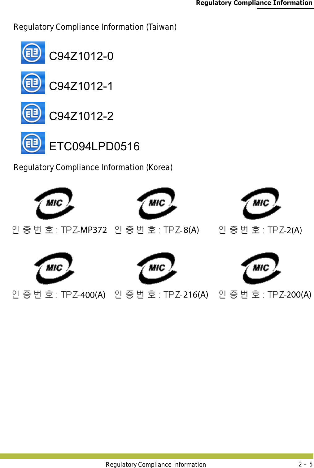  Regulatory Compliance InformationRegulatory Compliance Information 2 – 5Regulatory Compliance Information (Taiwan)   Regulatory Compliance Information (Korea)MP372400(A)8(A)216(A)2(A)200(A)      C94Z1012-0C94Z1012-1C94Z1012-2ETC094LPD0516   