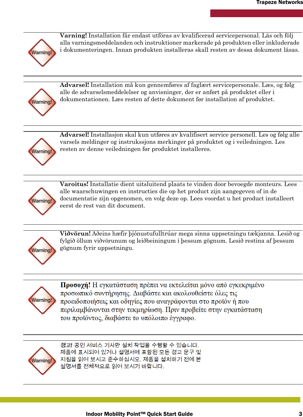 Indoor Mobility Point™ Quick Start Guide 3Trapeze NetworksWarning!Varning! Installation får endast utföras av kvalificerad servicepersonal. Läs och följ alla varningsmeddelanden och instruktioner markerade på produkten eller inkluderade i dokumenteringen. Innan produkten installeras skall resten av dessa dokument läsas.Warning!Advarsel! Installation må kun gennemføres af faglært servicepersonale. Læs, og følg alle de advarselsmeddelelser og anvisninger, der er anført på produktet eller i dokumentationen. Læs resten af dette dokument før installation af produktet.Warning!Advarsel! Installasjon skal kun utføres av kvalifisert service personell. Les og følg alle varsels meldinger og instrukssjons merkinger på produktet og i veiledningen. Les resten av denne veiledningen før produktet installeres.Warning!Varoitus! Installatie dient uitsluitend plaats te vinden door bevoegde monteurs. Lees alle waarschuwingen en instructies die op het product zijn aangegeven of in de documentatie zijn opgenomen, en volg deze op. Lees voordat u het product installeert eerst de rest van dit document.Warning!Viðvörun! Aðeins hæfir þjónustufulltrúar mega sinna uppsetningu tækjanna. Lesið og fylgið öllum viðvörunum og leiðbeiningum í þessum gögnum. Lesið restina af þessum gögnum fyrir uppsetningu.Warning!Warning!