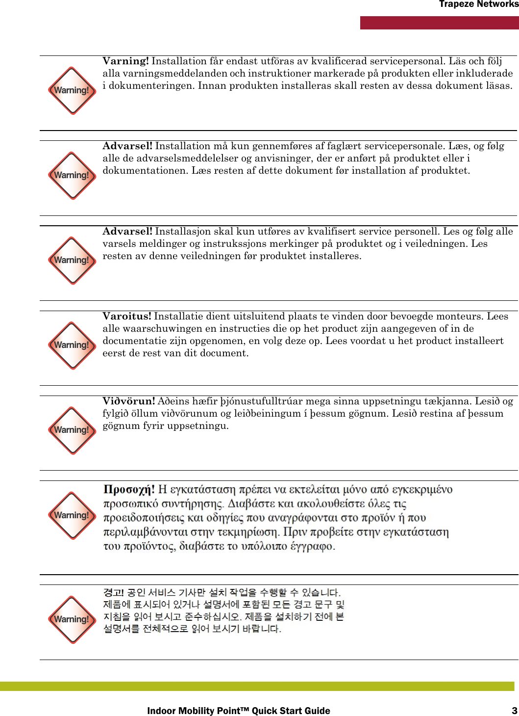 Indoor Mobility Point™ Quick Start Guide 3Trapeze NetworksWarning!Varning! Installation får endast utföras av kvalificerad servicepersonal. Läs och följ alla varningsmeddelanden och instruktioner markerade på produkten eller inkluderade i dokumenteringen. Innan produkten installeras skall resten av dessa dokument läsas.Warning!Advarsel! Installation må kun gennemføres af faglært servicepersonale. Læs, og følg alle de advarselsmeddelelser og anvisninger, der er anført på produktet eller i dokumentationen. Læs resten af dette dokument før installation af produktet.Warning!Advarsel! Installasjon skal kun utføres av kvalifisert service personell. Les og følg alle varsels meldinger og instrukssjons merkinger på produktet og i veiledningen. Les resten av denne veiledningen før produktet installeres.Warning!Varoitus! Installatie dient uitsluitend plaats te vinden door bevoegde monteurs. Lees alle waarschuwingen en instructies die op het product zijn aangegeven of in de documentatie zijn opgenomen, en volg deze op. Lees voordat u het product installeert eerst de rest van dit document.Warning!Viðvörun! Aðeins hæfir þjónustufulltrúar mega sinna uppsetningu tækjanna. Lesið og fylgið öllum viðvörunum og leiðbeiningum í þessum gögnum. Lesið restina af þessum gögnum fyrir uppsetningu.Warning!Warning!