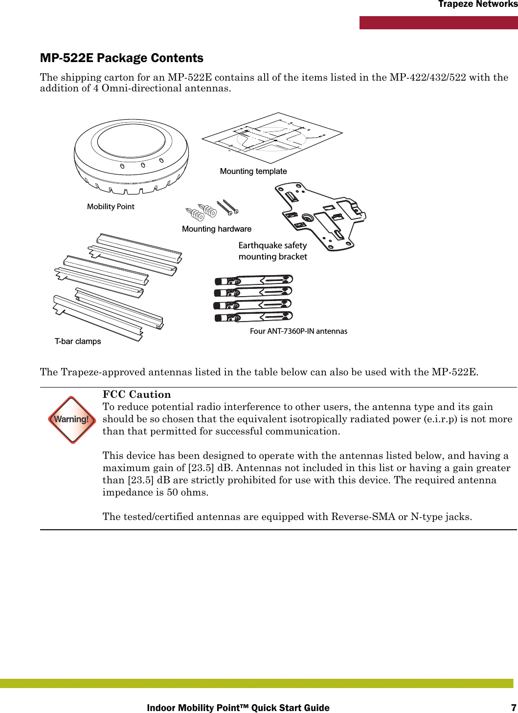 Indoor Mobility Point™ Quick Start Guide 7Trapeze NetworksMP-522E Package ContentsThe shipping carton for an MP-522E contains all of the items listed in the MP-422/432/522 with the addition of 4 Omni-directional antennas.The Trapeze-approved antennas listed in the table below can also be used with the MP-522E.Warning!FCC CautionTo reduce potential radio interference to other users, the antenna type and its gain should be so chosen that the equivalent isotropically radiated power (e.i.r.p) is not more than that permitted for successful communication.This device has been designed to operate with the antennas listed below, and having a maximum gain of [23.5] dB. Antennas not included in this list or having a gain greater than [23.5] dB are strictly prohibited for use with this device. The required antenna impedance is 50 ohms. The tested/certified antennas are equipped with Reverse-SMA or N-type jacks.T-bar clampsMounting templateMounting hardwareMobility PointEarthquake safetymounting bracket Four ANT-7360P-IN antennas