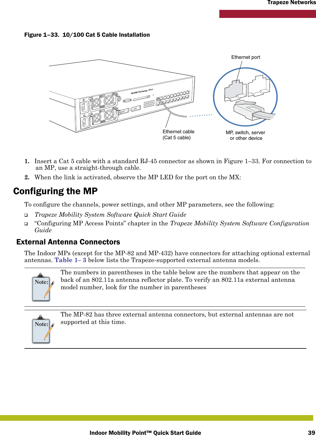 Indoor Mobility Point™ Quick Start Guide 39Trapeze NetworksFigure 1–33.  10/100 Cat 5 Cable Installation   1. Insert a Cat 5 cable with a standard RJ-45 connector as shown in Figure 1–33. For connection to an MP, use a straight-through cable.2. When the link is activated, observe the MP LED for the port on the MX:Configuring the MPTo configure the channels, power settings, and other MP parameters, see the following:❑Trapeze Mobility System Software Quick Start Guide❑“Configuring MP Access Points” chapter in the Trapeze Mobility System Software Configuration GuideExternal Antenna Connectors The Indoor MPs (except for the MP-82 and MP-432) have connectors for attaching optional external antennas. Table 1– 3 below lists the Trapeze-supported external antenna models.Note:The numbers in parentheses in the table below are the numbers that appear on the back of an 802.11a antenna reflector plate. To verify an 802.11a external antenna model number, look for the number in parenthesesNote:The MP-82 has three external antenna connectors, but external antennas are not supported at this time.Mobility ExchangeMX-20Ethernet cable (Cat 5 cable)MP, switch, server or other deviceEthernet port