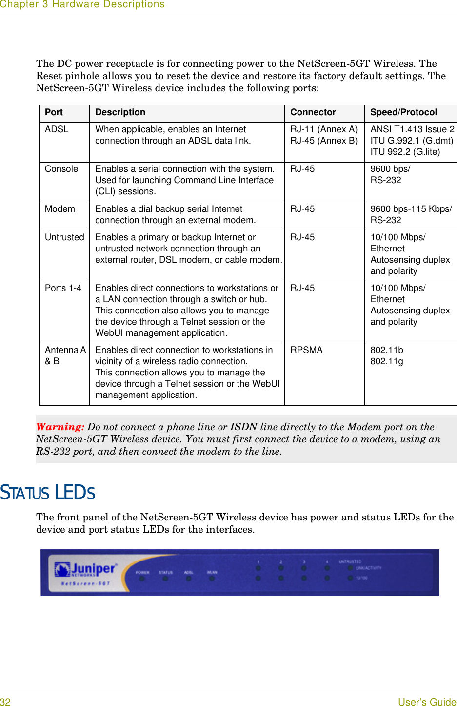 Chapter 3 Hardware Descriptions32 User’s GuideThe DC power receptacle is for connecting power to the NetScreen-5GT Wireless. The Reset pinhole allows you to reset the device and restore its factory default settings. The NetScreen-5GT Wireless device includes the following ports:STATUS LEDSThe front panel of the NetScreen-5GT Wireless device has power and status LEDs for the device and port status LEDs for the interfaces.Port Description Connector Speed/ProtocolADSL  When applicable, enables an Internet connection through an ADSL data link. RJ-11 (Annex A)RJ-45 (Annex B) ANSI T1.413 Issue 2ITU G.992.1 (G.dmt)ITU 992.2 (G.lite)Console Enables a serial connection with the system. Used for launching Command Line Interface (CLI) sessions.RJ-45 9600 bps/RS-232Modem Enables a dial backup serial Internet connection through an external modem. RJ-45 9600 bps-115 Kbps/RS-232Untrusted Enables a primary or backup Internet or untrusted network connection through an external router, DSL modem, or cable modem.RJ-45 10/100 Mbps/EthernetAutosensing duplex and polarityPorts 1-4 Enables direct connections to workstations or a LAN connection through a switch or hub. This connection also allows you to manage the device through a Telnet session or the WebUI management application.RJ-45 10/100 Mbps/EthernetAutosensing duplex and polarityAntenna A &amp; B Enables direct connection to workstations in vicinity of a wireless radio connection.This connection allows you to manage the device through a Telnet session or the WebUI management application.RPSMA 802.11b 802.11gWarning: Do not connect a phone line or ISDN line directly to the Modem port on the NetScreen-5GT Wireless device. You must first connect the device to a modem, using an RS-232 port, and then connect the modem to the line.