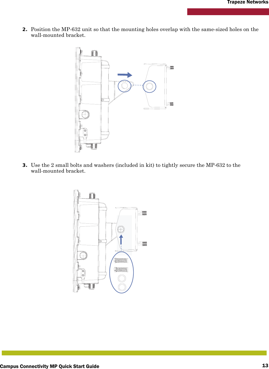 Campus Connectivity MP Quick Start Guide 13Trapeze Networks2. Position the MP-632 unit so that the mounting holes overlap with the same-sized holes on the wall-mounted bracket. 3. Use the 2 small bolts and washers (included in kit) to tightly secure the MP-632 to the wall-mounted bracket.